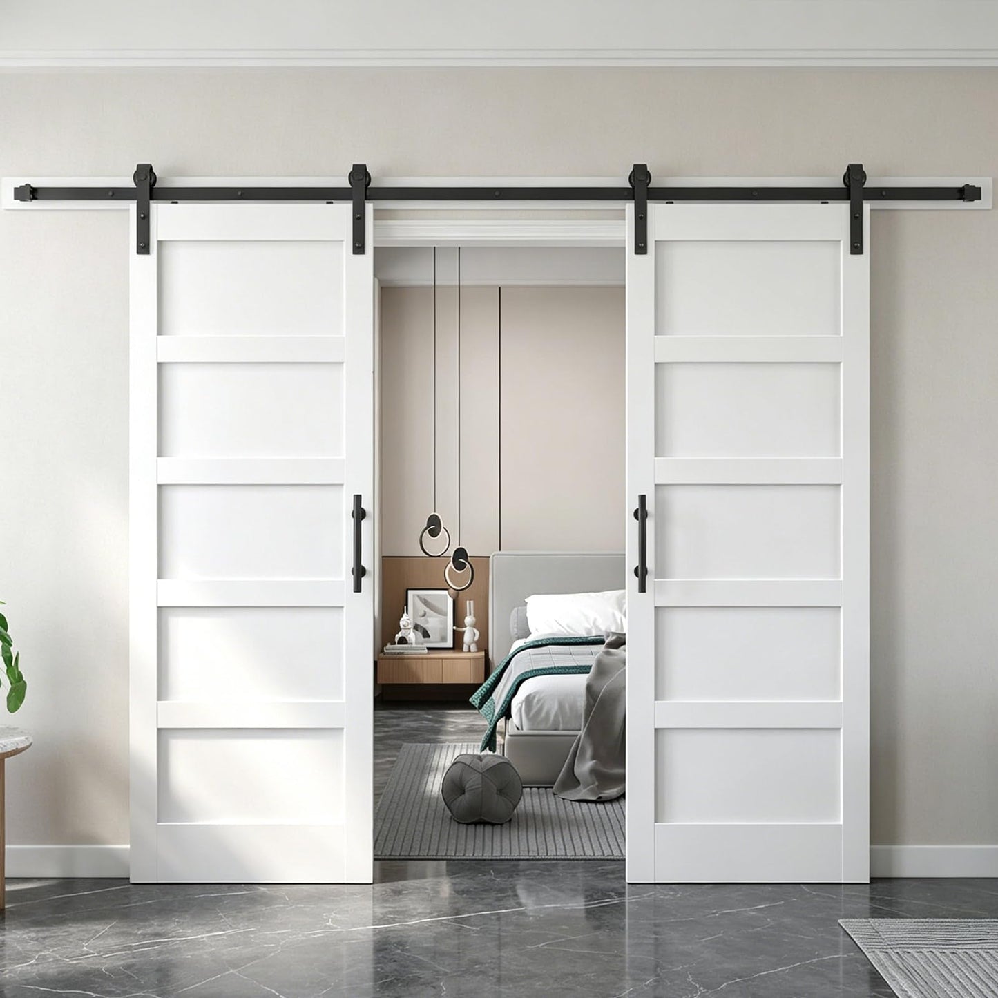 FREDBECK White Barn Door 64x84 (Double 32in x 84in) with Hardware Kit & Handle Included,5-Panel Interior Doors,Water-Proof PVC Surface,Pre-Drilled Holes,Need Assembly