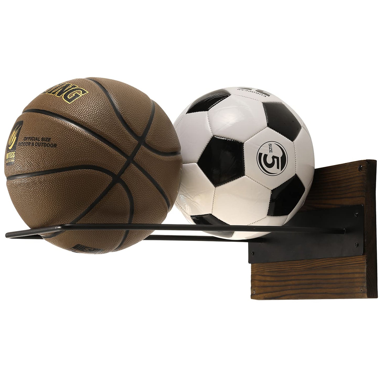 MyGift Wall Mounted Single Large Stability Ball Holder, Burnt Solid Wood and Black Metal Storage Rack for Gym Sport or Yoga Studio Exercise Balls - 16 x 9 Inch Ball Display Ring