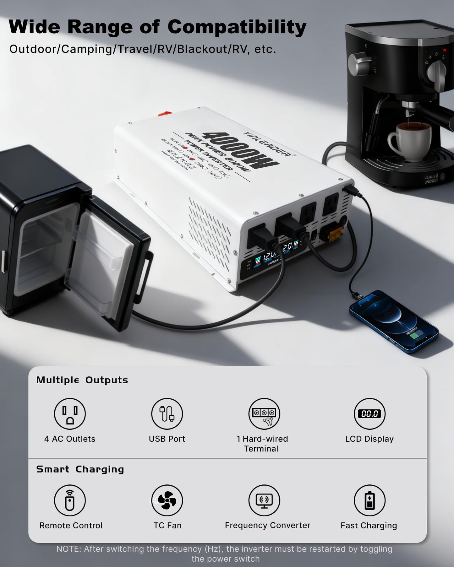 4000W Power Inverter 12V to 110V/120V, Solar Inverter Remote for RV Camping Off-Grid Solar Inverter Systems