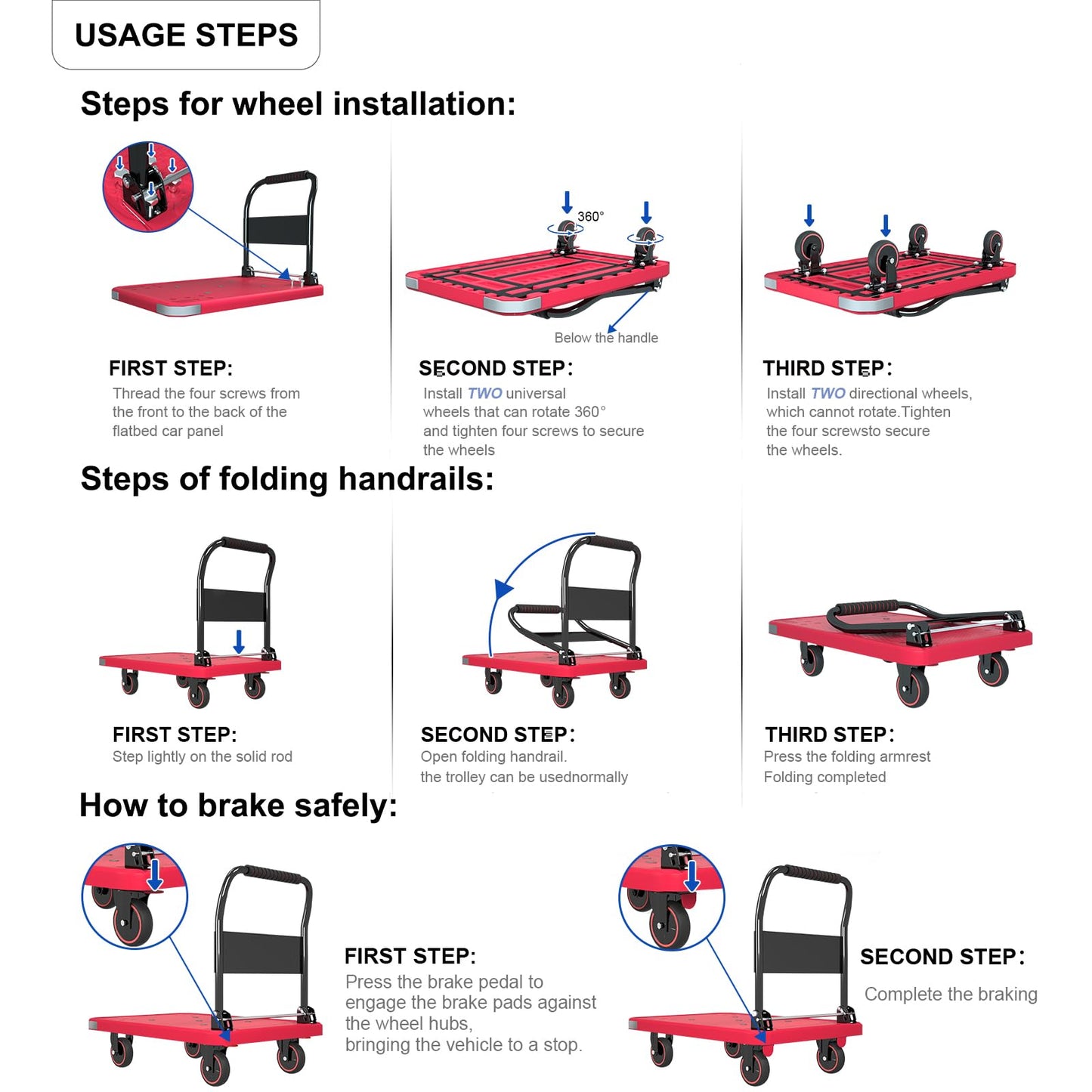 WUD Foldable Hand-Push Platform Truck with Brake, 360-Degree Swivel Wheels, 35.4”L x 23.6”W, 880 lb Load Capacity, Suitable for Luggage, Travel, Moving, Shopping, Office, Home Garden,Pink