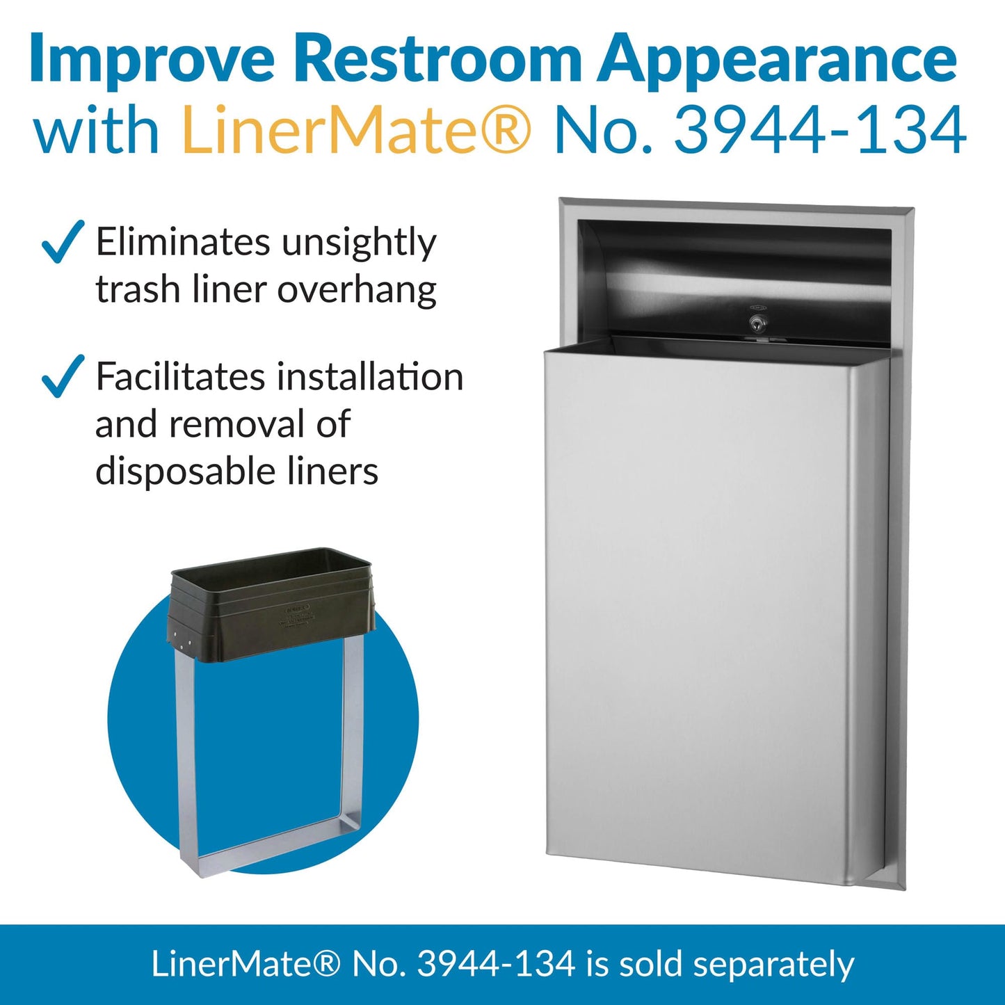 Bobrick Recessed Waste Receptacle, Satin Finish 12-Gallon –Wall-Mounted Stainless Steel Trash Can for Commercial Restrooms LinerMate Compatible (Model B-3644)