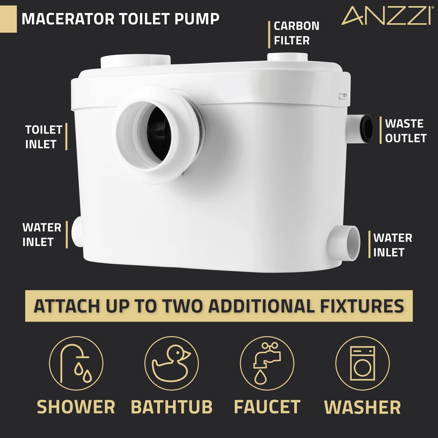 ANZZI Macerator with 0.8-HP Effluent Pump, 115-Volt 600W, High Capacity, Quiet, White - For Toilet, Sink, Tub - Fast 2000GPH, Backflow Prevention, Carbon Deodorizer, Minimal Wiring TL-AZ600MPWH
