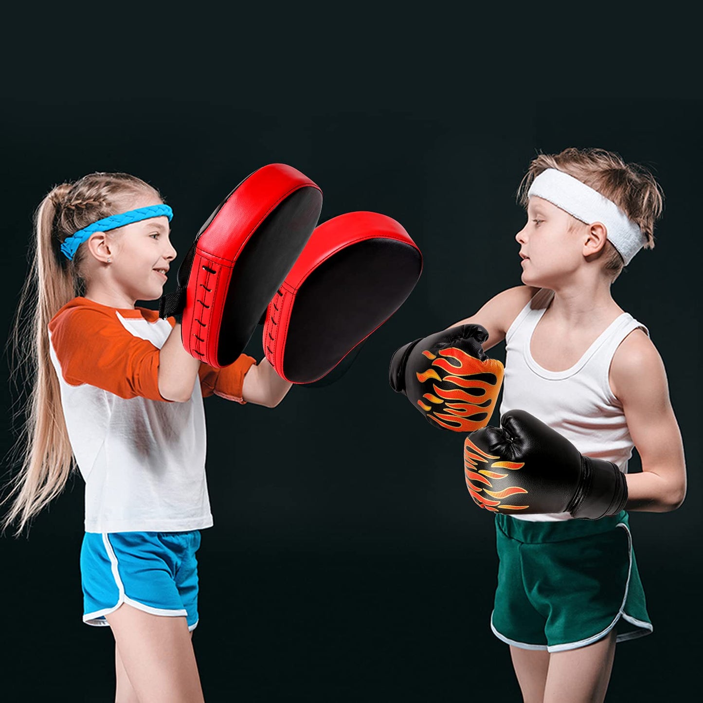 Odoland 2-in-1 Punching Mitts Kick Pack Set, Boxing Mitts Focus Pads, Taewondo Kick Pad, Great for Boxing, Kickboxing, Karate, Muay Thai, MMA Training, Black/Red