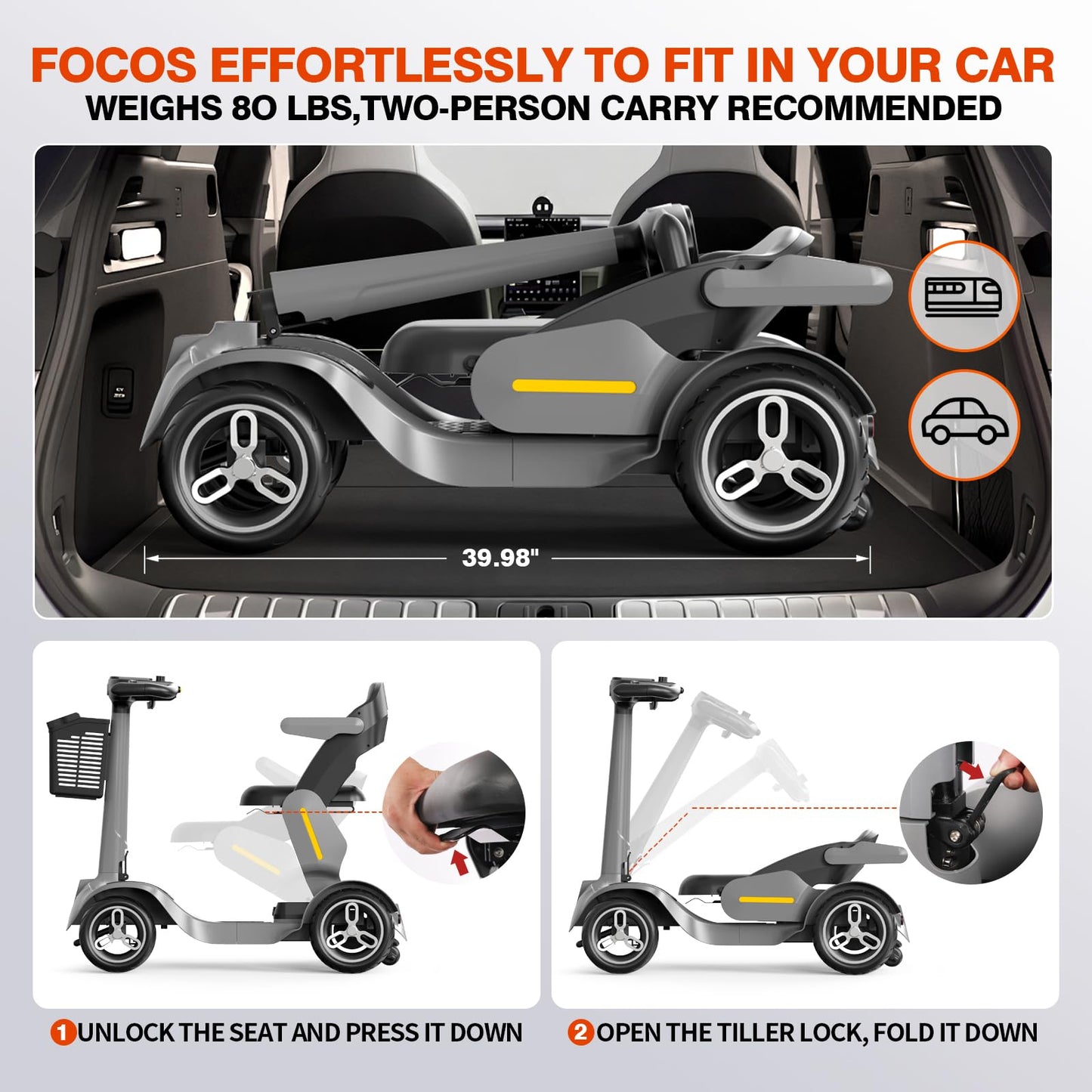 Mobility Scooter One-Button Foldable for Seniors & Adults – Dual Brakes, 265 lbs Capacity, Easy & Safe, 6.2 mph, 28 Miles, Lightweight, Indoor & Outdoor, Travel, All-Terrain