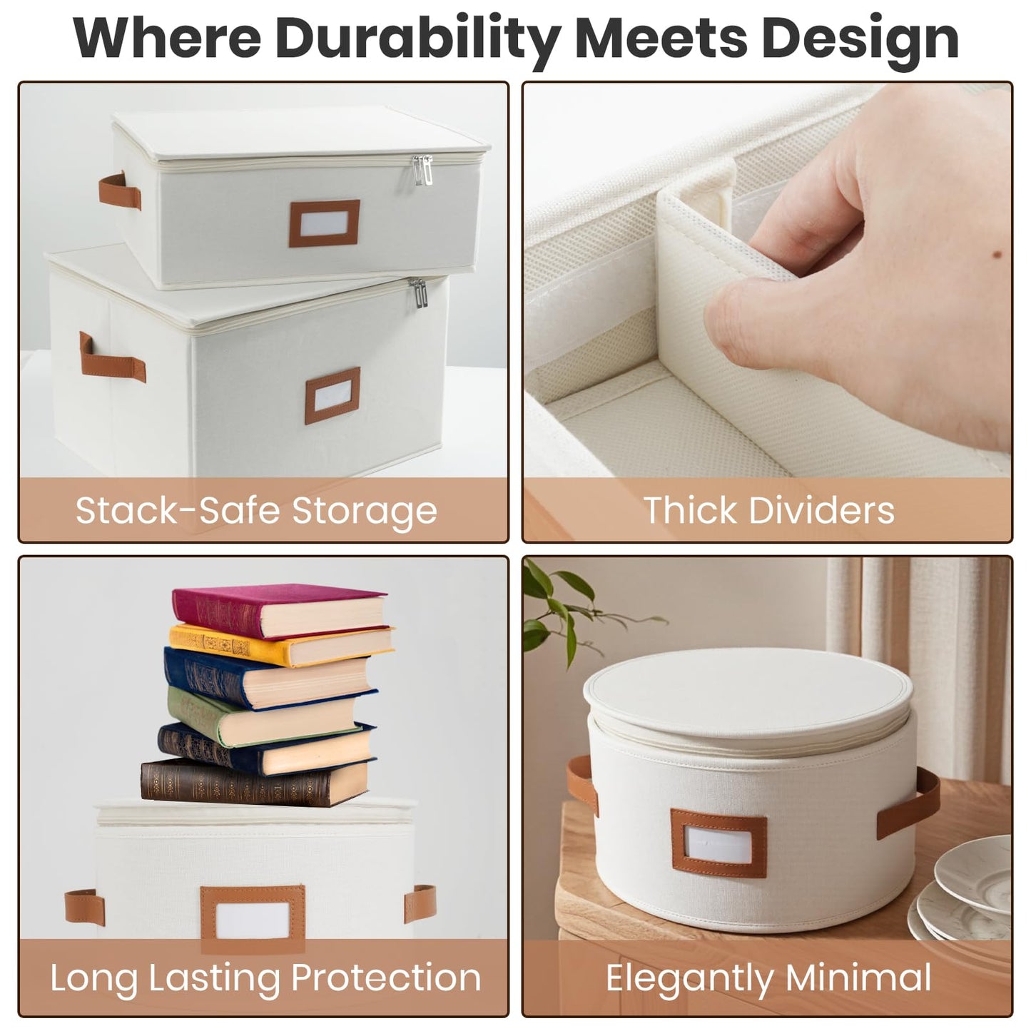 HOMELUX THEORY Hard Shell China Storage Containers, 5pc Ivory Mug & Plate Storage Box, Kitchen Storage Bins With Lids, Heavy Duty Moving Box with Handles for Dishes, Glassware, Stemware, Cup & Mug