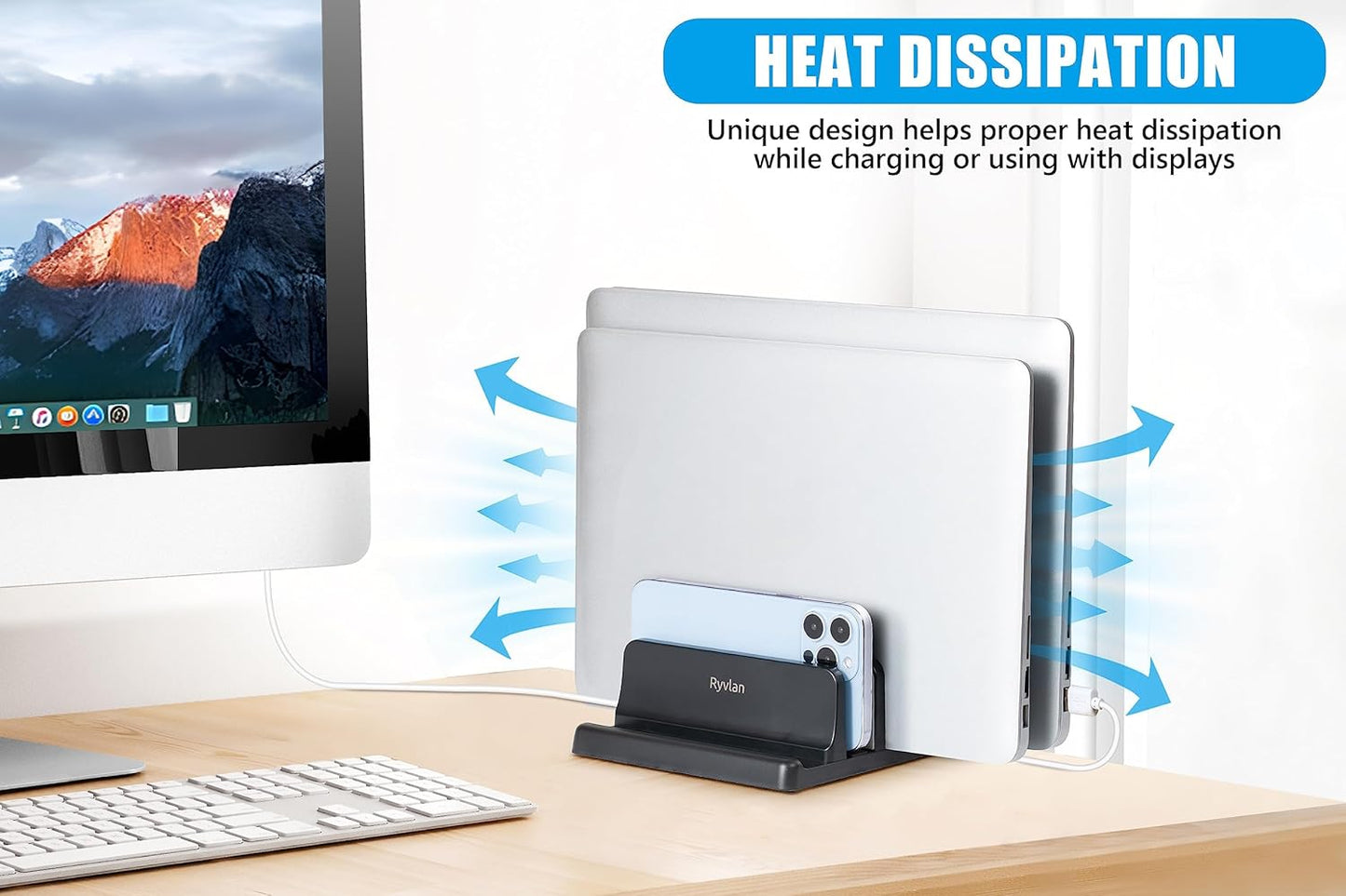 Ryvlan 3 17 Inches Vertical Laptop Stand, Slot Adjustable Laptop Storage Rack and Desk Organizer, Silicone-Padded