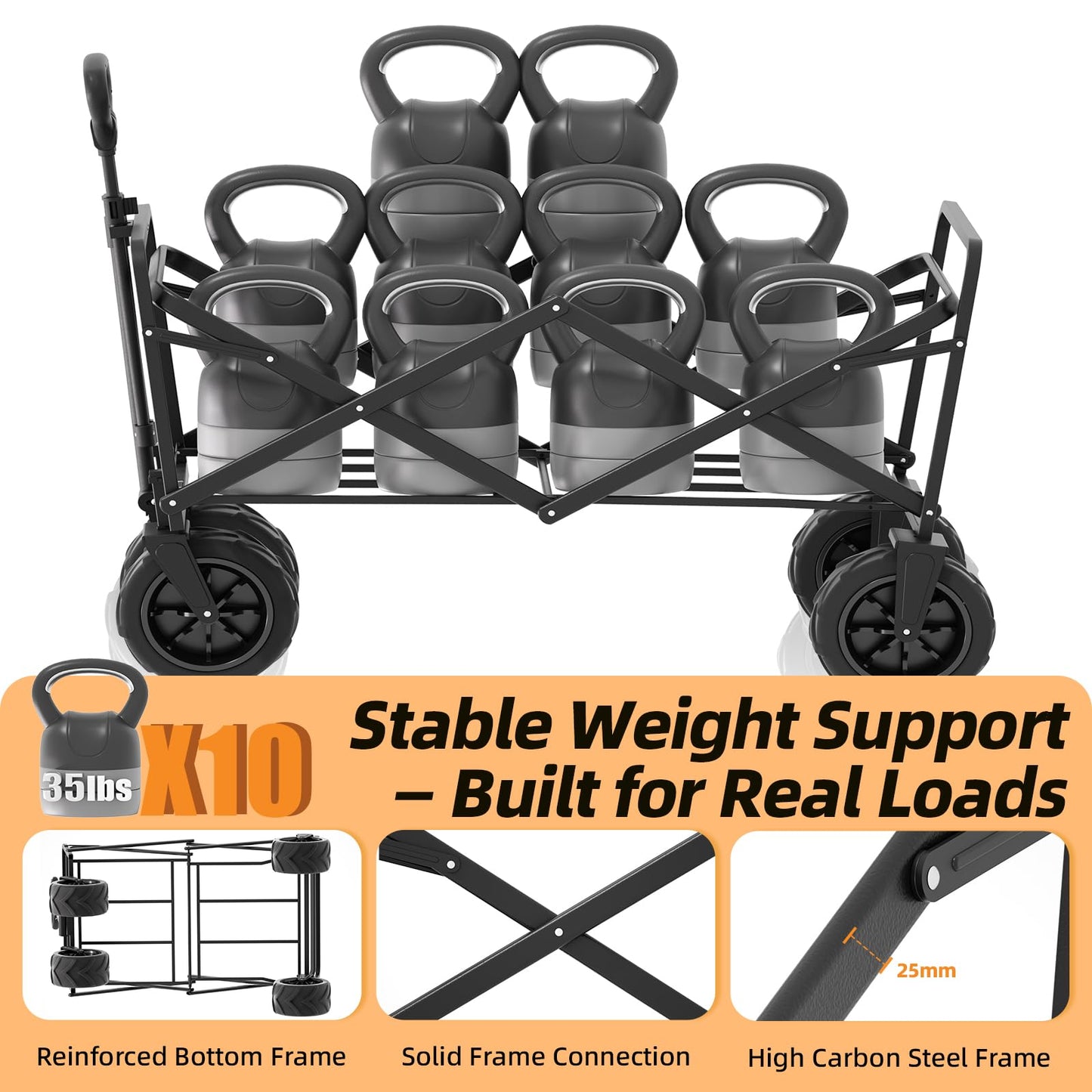 EchoSmile Heavy Duty 350 Lbs Capacity Collapsible Wagon, Outdoor Folding Camping Grocery Portable Utility Cart, Adjustable Rolling Carts, All Terrain Beach Wagon with Big Wheels (Black&Orange-Arrow)