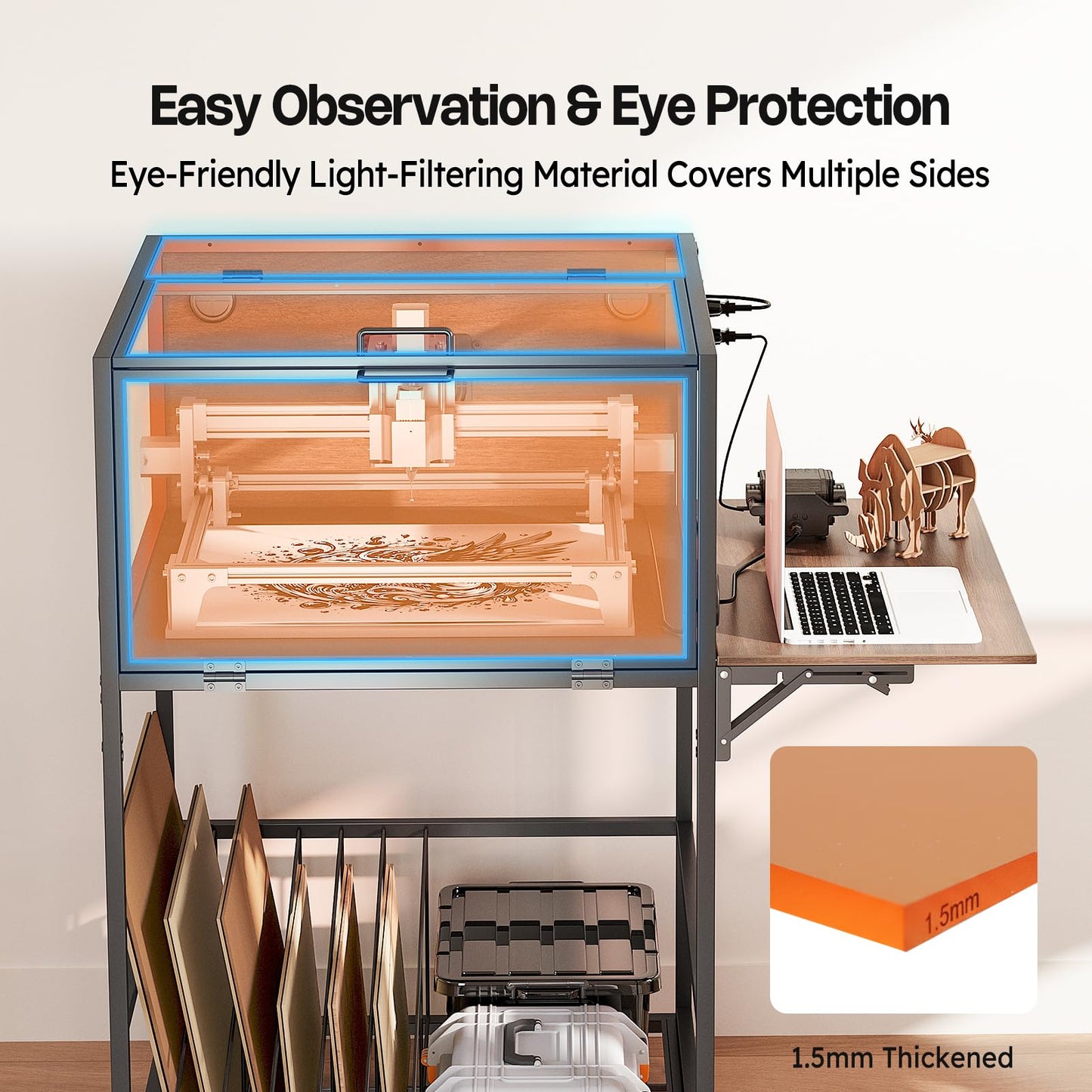 Crafit Laser Engraver Enclosure Cabinet with Exhaust, Laser Engraving Table with Ventilation Fan, Heavy Duty Laser Cutter Protective Cover Tent with Light Filtering, Insulate against Noise Fumes Odors