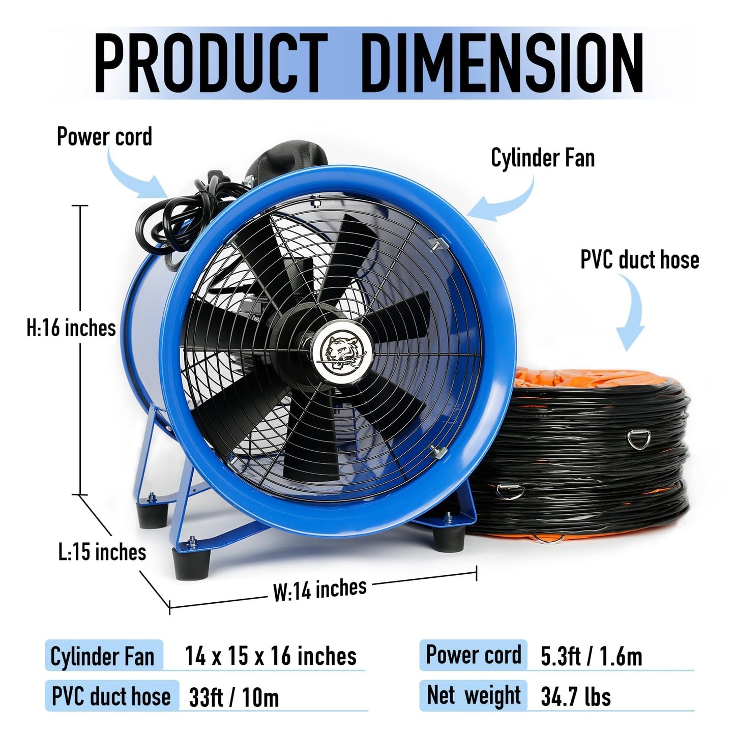 Sewinfla 12-inch 520W Utility Blower, High Velocity Low Noise Portable Exhaust Fan 3350 r/min with 16.5ft PVC Flexible Duct Hose, Heavy Duty Cylinder Ventilator for Home & Workplace Fume Ventilation
