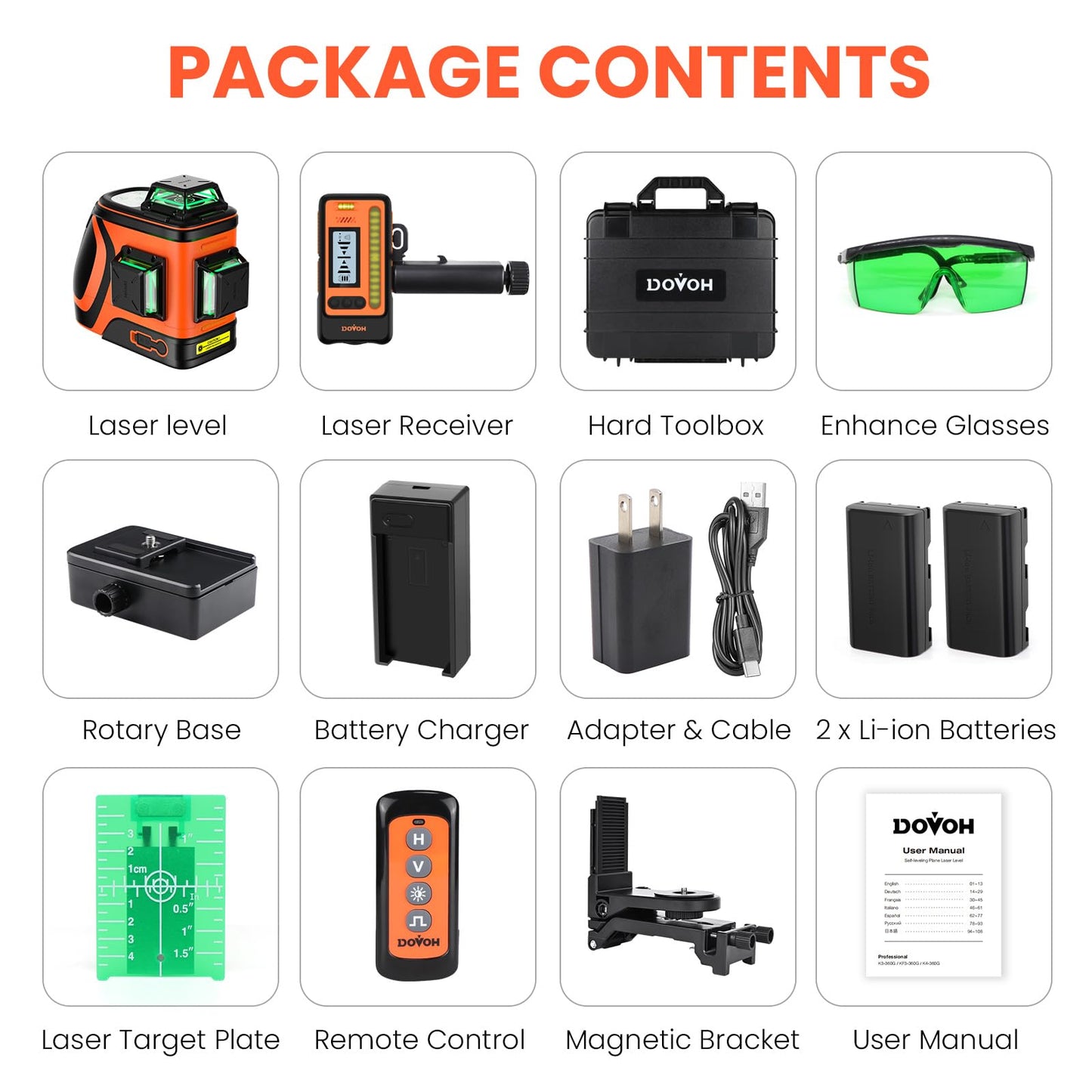 DOVOH Outdoor Laser Level with Receiver : Daylight High Visibility Laser Level 360 Self Leveling Up To 400ft Long Range High Power Green with Detector Outside Construction Landscaping, H3-360G