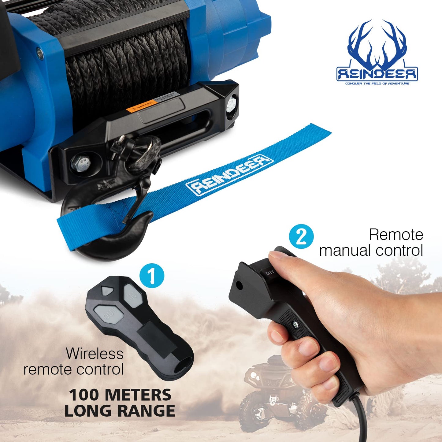 REINDEER New 12V Winch 6000 lb Load Capacity Electric Winch Kit Synthetic Rope with Hawse Fairlead Waterproof IP67 with Wireless Remotes for 4X4 Side by Side 4 Wheeler ATV UTV Rescue Recovery