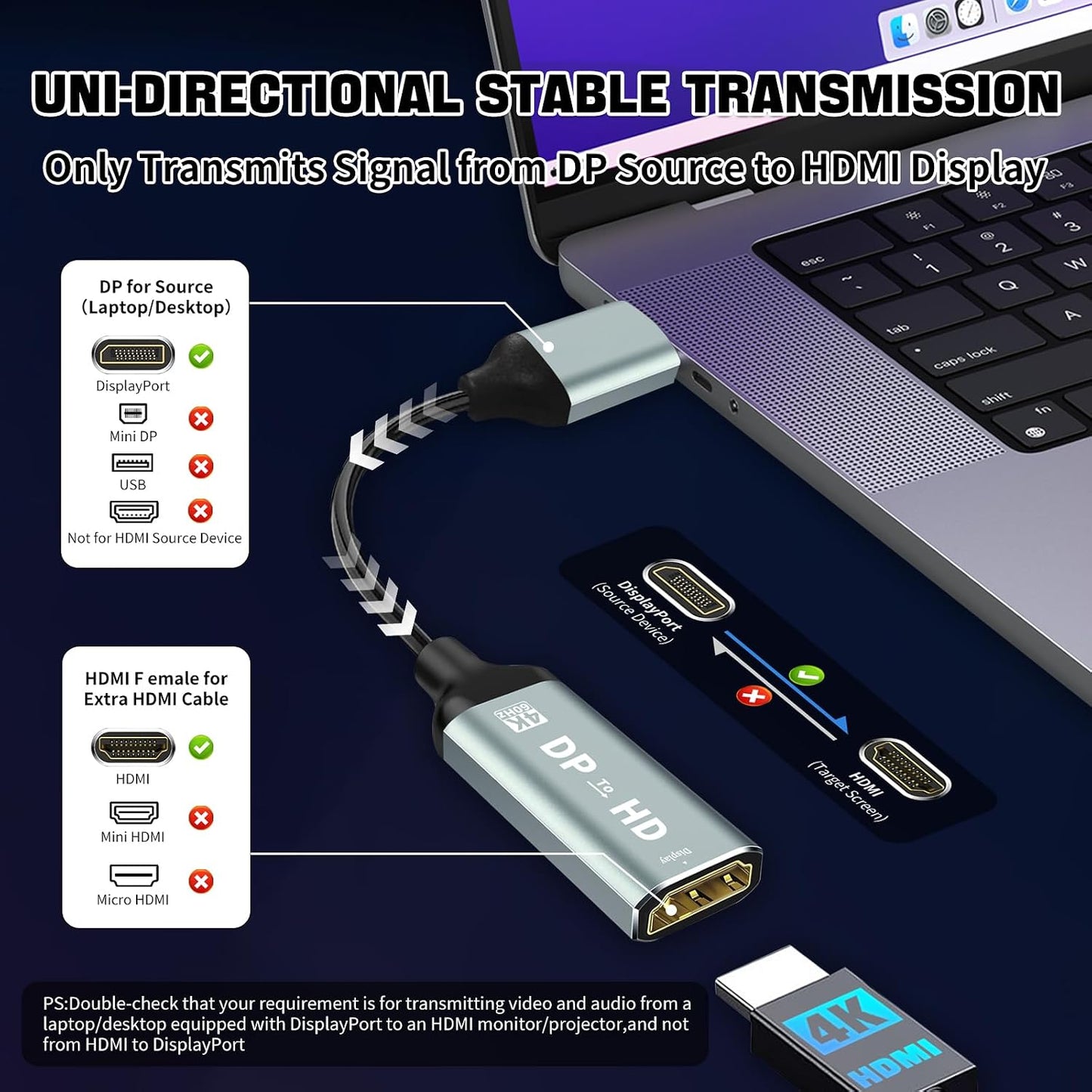 Critin 4K Display Port to HDMI Adapter, Uni-Directional Display Port Computer to HDMI,Plug & Play Converter with Audio