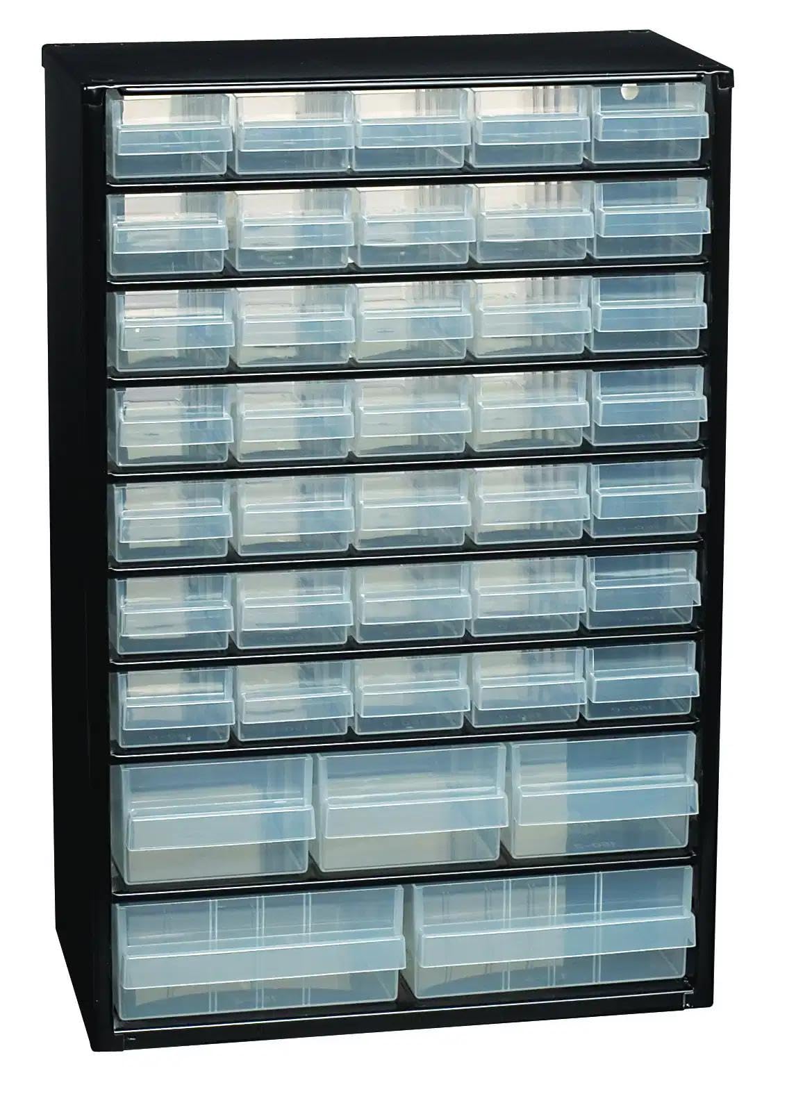 Raaco Steel Storage Cabinet, Tall 40-Drawer, Clear Polypropylene Plastic Drawer – Small Parts Organizer, Screws, Nuts & Bolts, Crafts & Hardware – Tool Cabinet for Workbench & Wall Storage (C10-40)