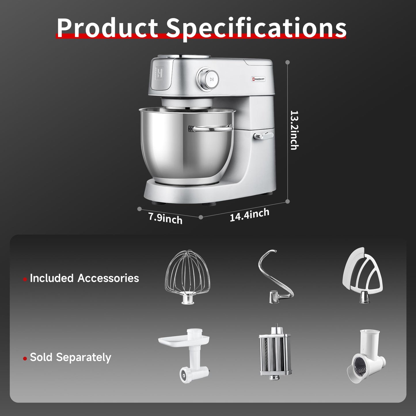 Hauswirt Stand Mixer 6QT XL Large, 4.5" LED Touch Screen Electric Household Stand Up Mixer, Full Metal Structure Standing Mixer 11-Speed, Dough Cake Bread Mixer – Silver