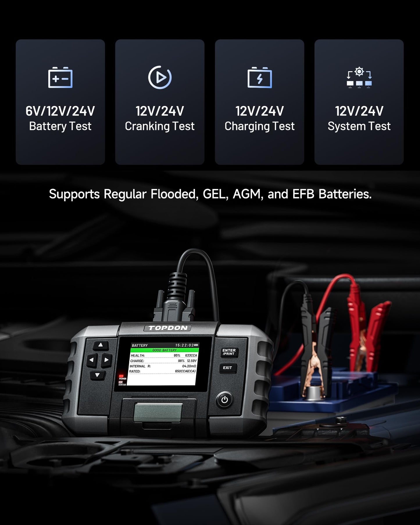 TOPDON BT600 Plus Car Battery Tester, Battery Alternator for 6V/12V/24V Battery Tests, 12V/24V Cranking/Charging/System Testing, 3.5" Screen with Built-in Printer
