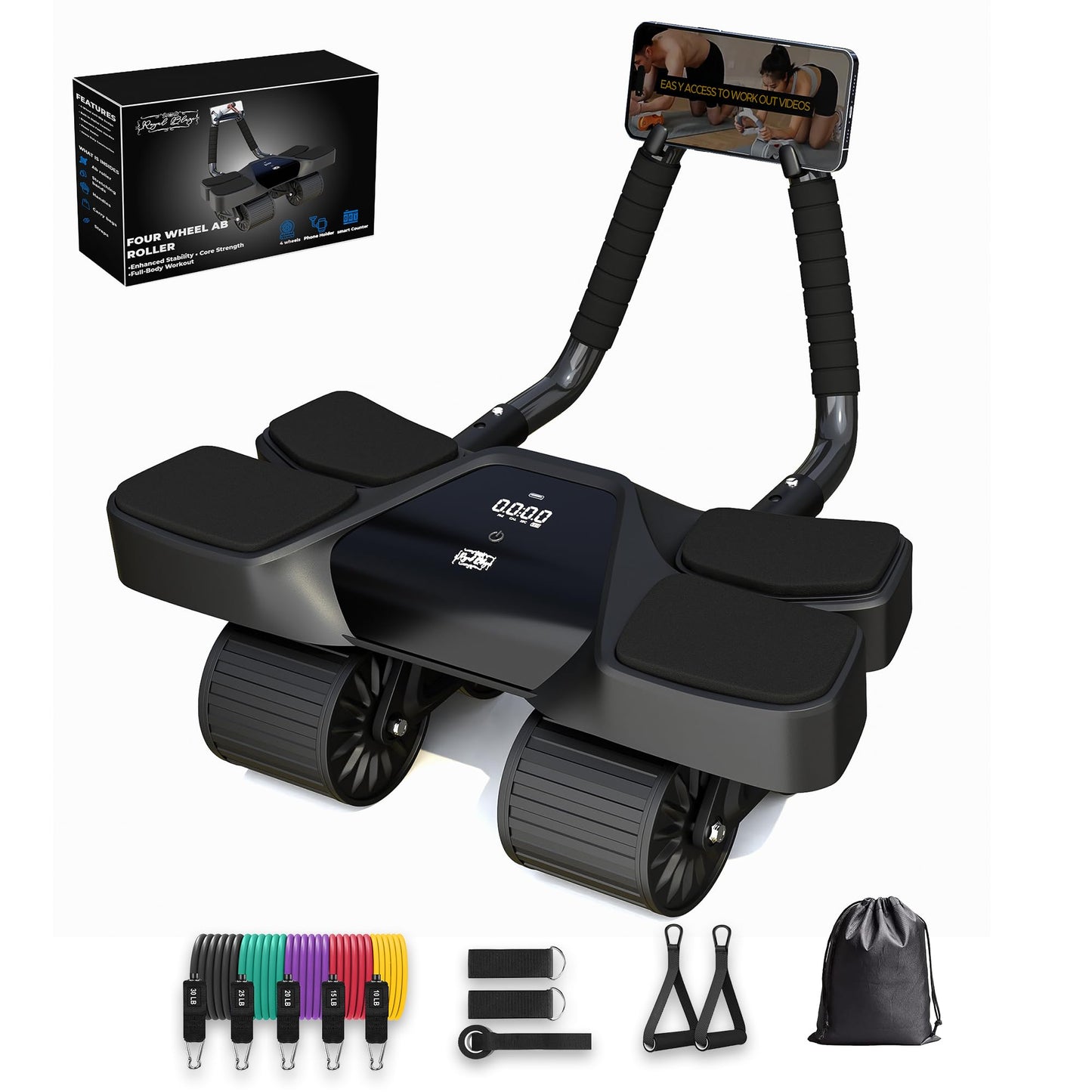 Ab Roller Home Gym Equipment – 4 Wheels Ab Wheel Muscle Roller, 5Pcs Resistance Bands, Ankle Straps, Door Anchor, Handles, Travel Bag– Comfortable Elbow Support with Non-Slip Handles
