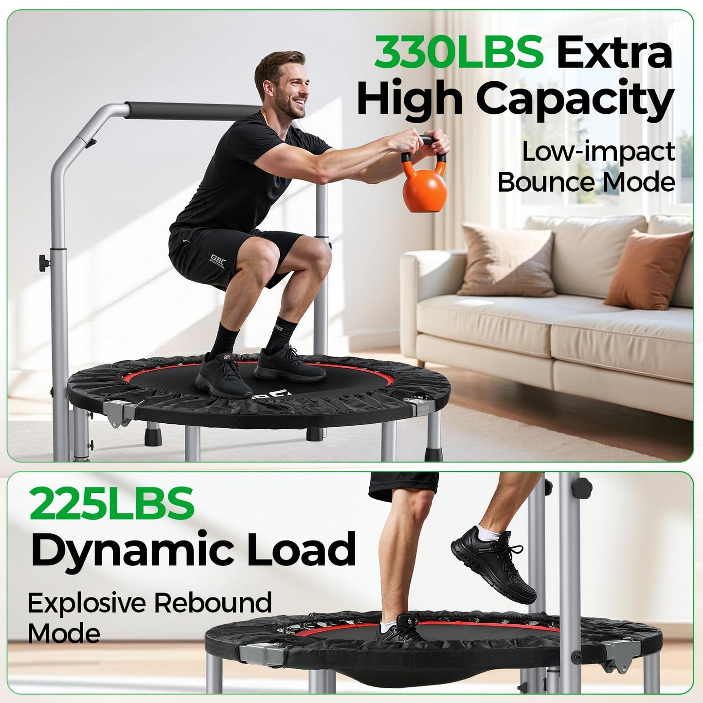BCAN 40/48" Foldable Mini Trampoline Max Load 330lbs/440lbs, Fitness Rebounder with Adjustable Foam Handle, Exercise Trampoline for Adults Indoor/Garden Workout, Black