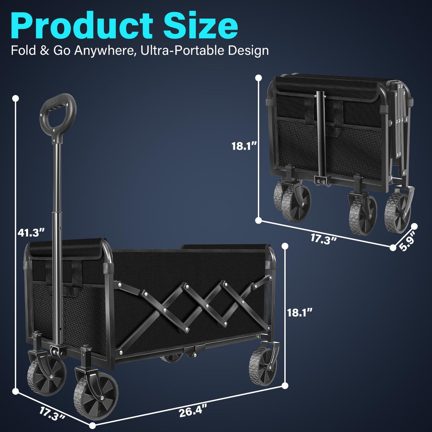 Wagons Carts Foldable, Collapsible Wagon with Wheels — Foldable Wagon for Groceries,Picnic,Beach,Camping, Small Hauls, Apartment Moving Storage, Portable Utility Folding Wagon Cart, 360lbs,Jet Black