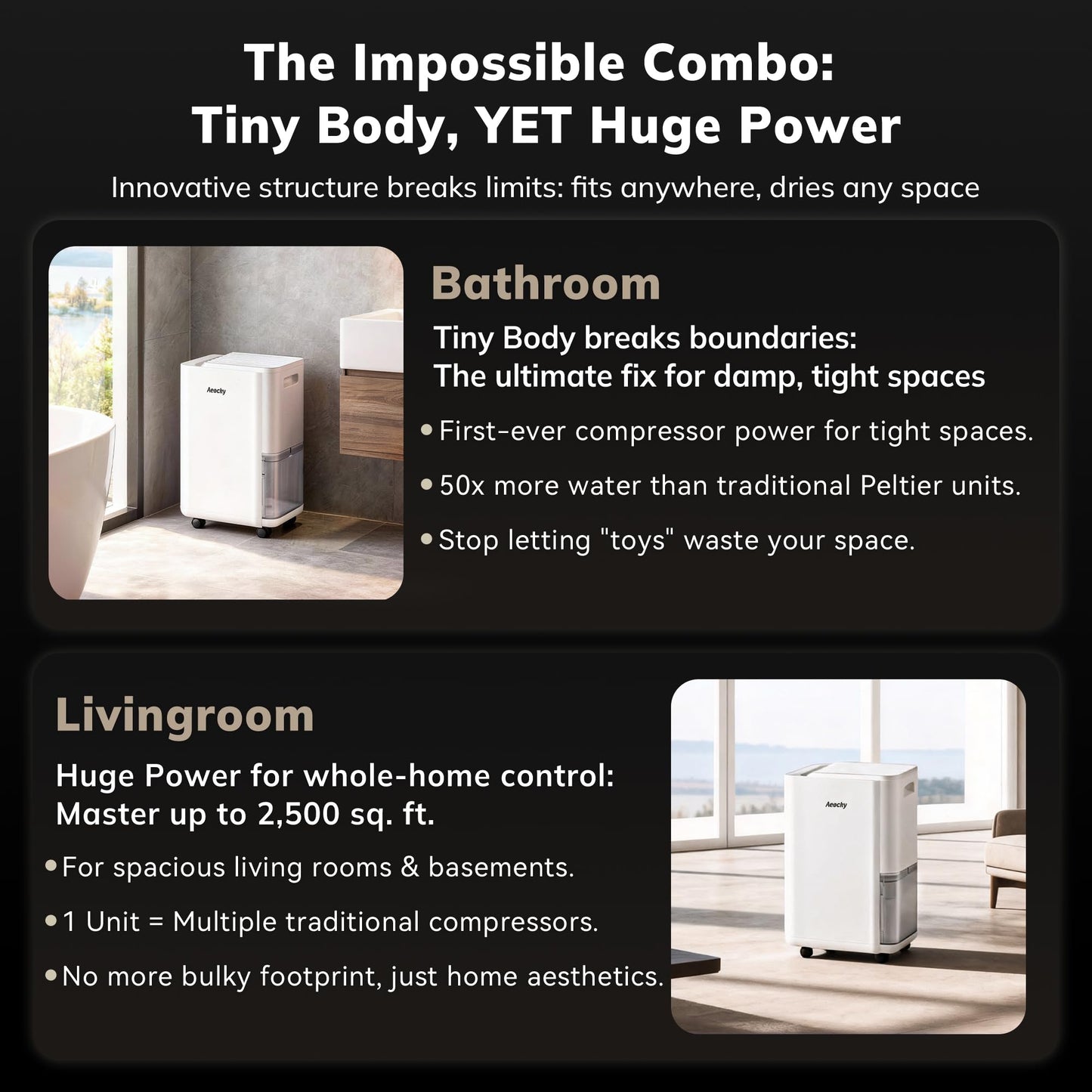 AEOCKY 2500 Sq.Ft Compressor Dehumidifier, Max 50 Pint/D Dehumidifier with Drain Hose for Basement, Home, Bathroom, Bedroom, Intelligent Humidistat, Quiet, 0.5 Gallon Water Tank Capacity