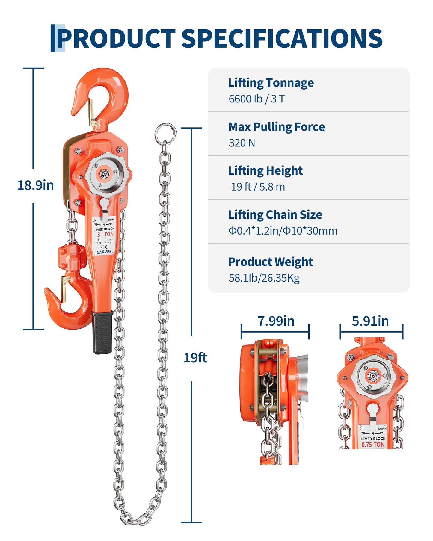 3 Ton (6600 LBS) Manual Lever Chain Hoist, 20 ft Heavy Duty G80 Galvanized Steel Come Along with Double-Pawl Brake & 360° Rotating Hooks for Garage Warehouse Construction Factory