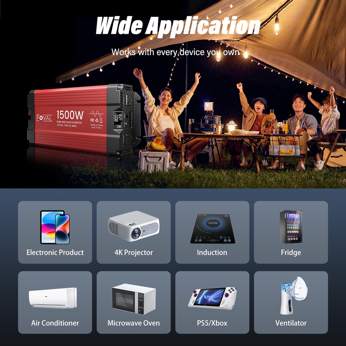 FOVAL 1500W Pure Sine Wave Inverter 12V DC to 110V AC Converter, 3000W Peak Power Inverter with LCD Display and 2 AC Outlets for Home, RV, Truck, and Off-Grid Solar System, Remote Controller