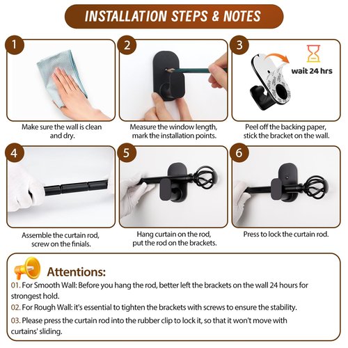 Curtain Rods No Drilling 48 to 84 Inch, 5/8 Inch Diameter No Drill Drapery Rod Set with Adhesive Brackets and Twiested Cage Finals, Bedroom Apartment Renter Friendly, Black