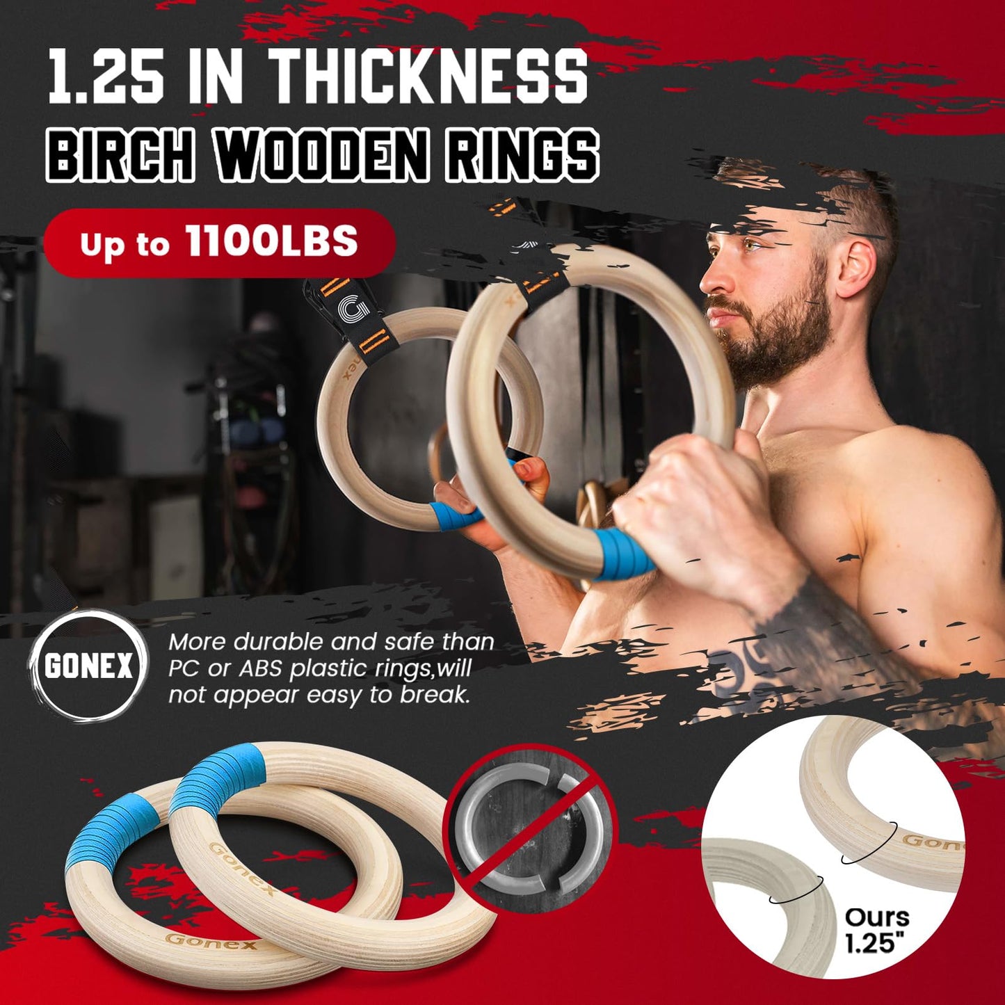 Gonex Wooden Gymnastic Rings with Adjustable Number Straps, Olympic Rings for Gym, Workout, Exercise, Outdoor Training, Quick Install Carabiner, 8.7 ft Straps Pull Up Non-Slip Rings