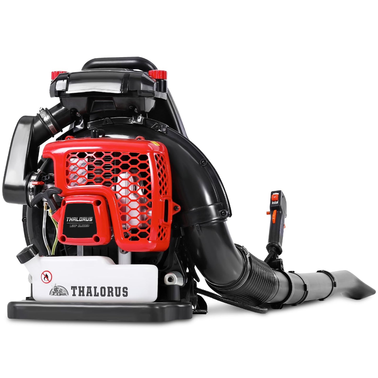 Thalorus 63CC Gas Backpack Leaf Blower, 2-Stroke, 665 CFM, 205 MPH, Variable Speed & Cruise Control, Ergonomic Harness, Reduced Emissions, for Fast Yard Cleanup (Red)