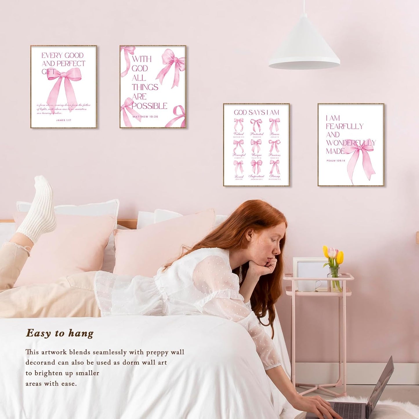 Shescrzionu 4 PCS Coquette Room Decor - Pink Bow Aesthetic Wall Art for College Girls | 10x8 Inch Set