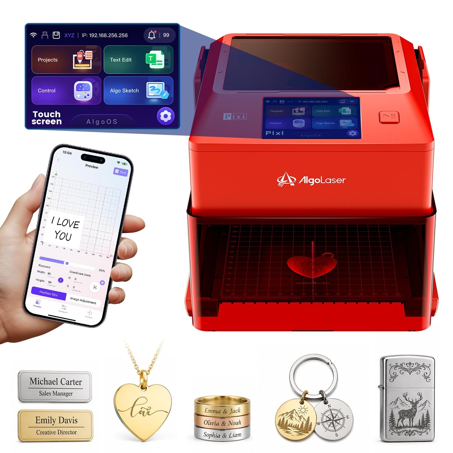 Pixi 1064nm Infrared Laser Engraver for Metal & Jewelry - Portable Laser Marking Machine with 3.5" Touchscreen & AlgoOS & App Control for Stainless Steel, Aluminum & Custom Gifts (1.5W/1500mW)