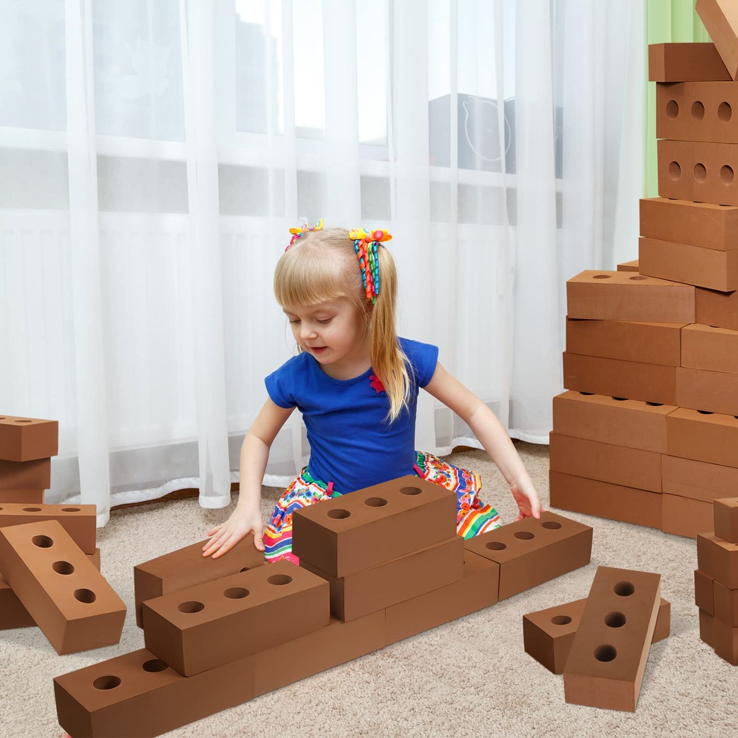 Deekin Foam Brick Building Blocks for Kids Thick Blocks Foam Large Fake Brick Construction Toy for Stacking Construction Gifts, 8 x 4 x 2.4 in(80 Pcs,Circle Holes)