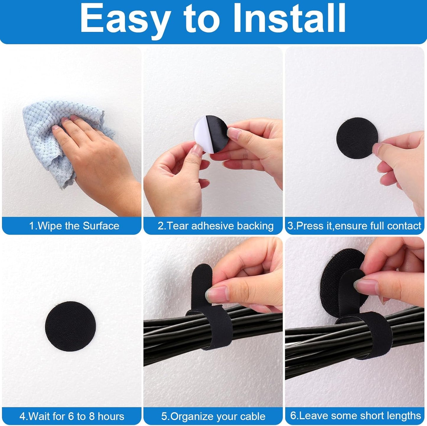 50 XANGNIER Pair Cable Management Under Desk,Adjustable Hook and Loop Cable Ties,Self Adhesive Cord Organizer,Reusable