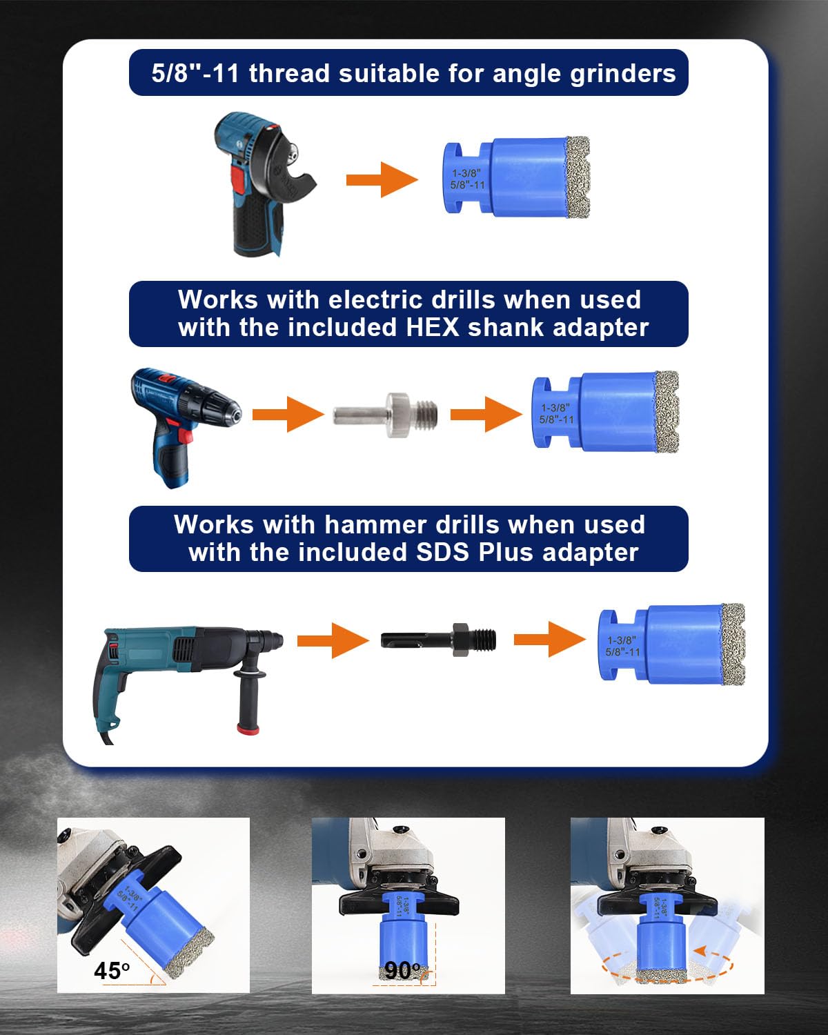 Diamond Tile Hole Saw Kit - Drill Bits 12Pcs 1/4'' X 2, 5/16'', 4/5'', 1-3/8'', 2'', 2-1/2'', 4'', 4/5'' Finger Bit, 2'' Beveling Chamfer Bit, 2pcs Adapters for Porcelain Tile Ceramic Granite Marble