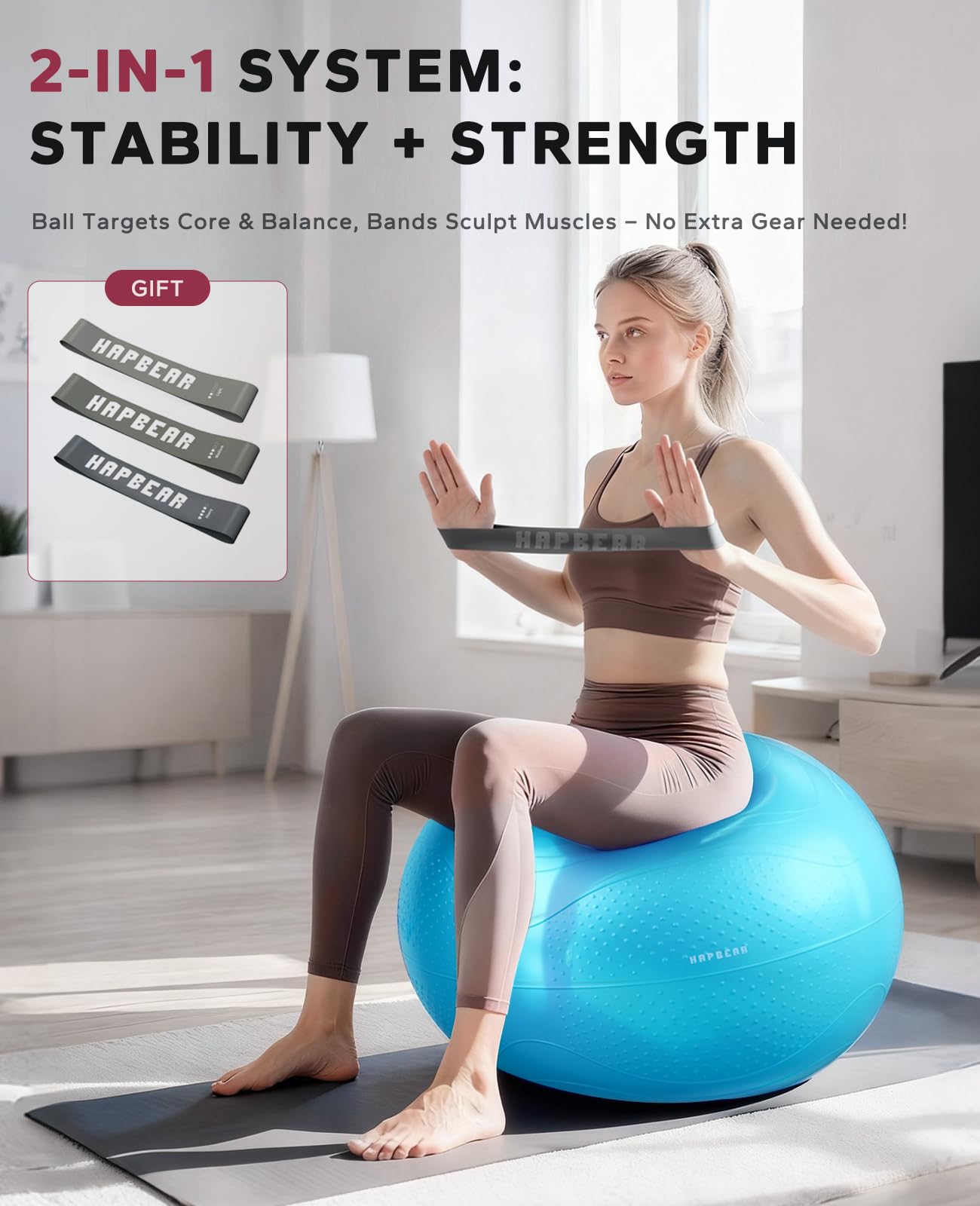 HAPBEAR Exercise Ball (22''/26''/30'') - Anti-Burst Slip-Resistant Yoga/Pilates Ball for Core Training & Posture Improvement, Home Gym/Rehab/Pregnancy Ball, Quick Pump & 3 Resistance Bands Included