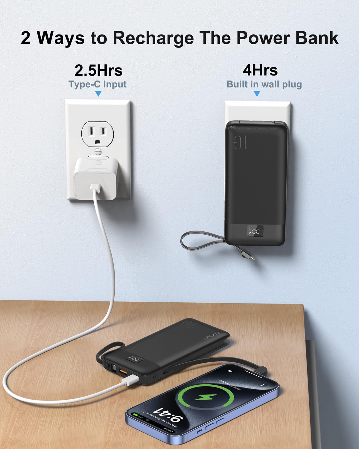 ANOUV 10000mAh 22.5W Pack 17/16/15/14/13 Portable Charger Built-in Cables and AC Wall Plug, PD Fast Charging Power