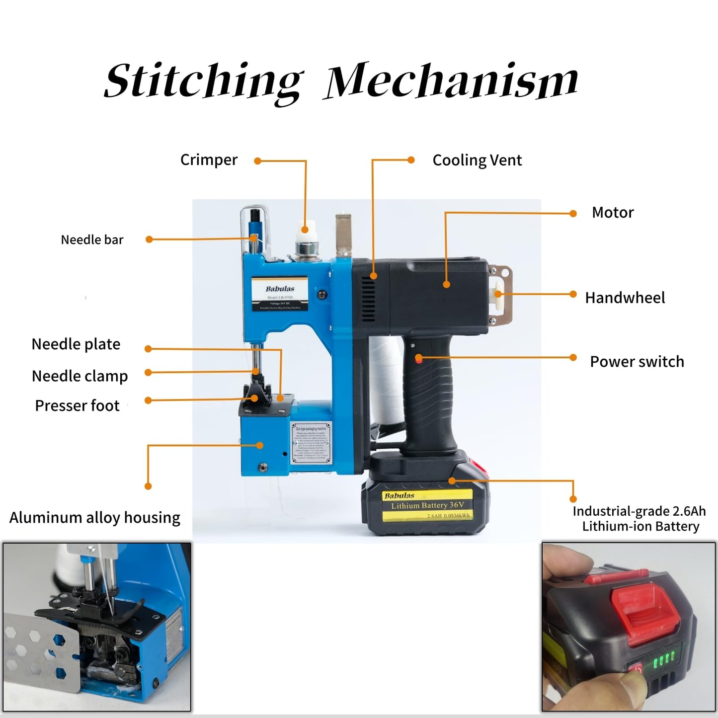 Cordless Bag Sewing Machine |PortableIndustrial Bag Closer |2-Second Fast Sealingfor Woven PP/Canvas/Jute Bags |Factory &Farm Bag Stitcher (Blue, Lithium Battery-36VDC)