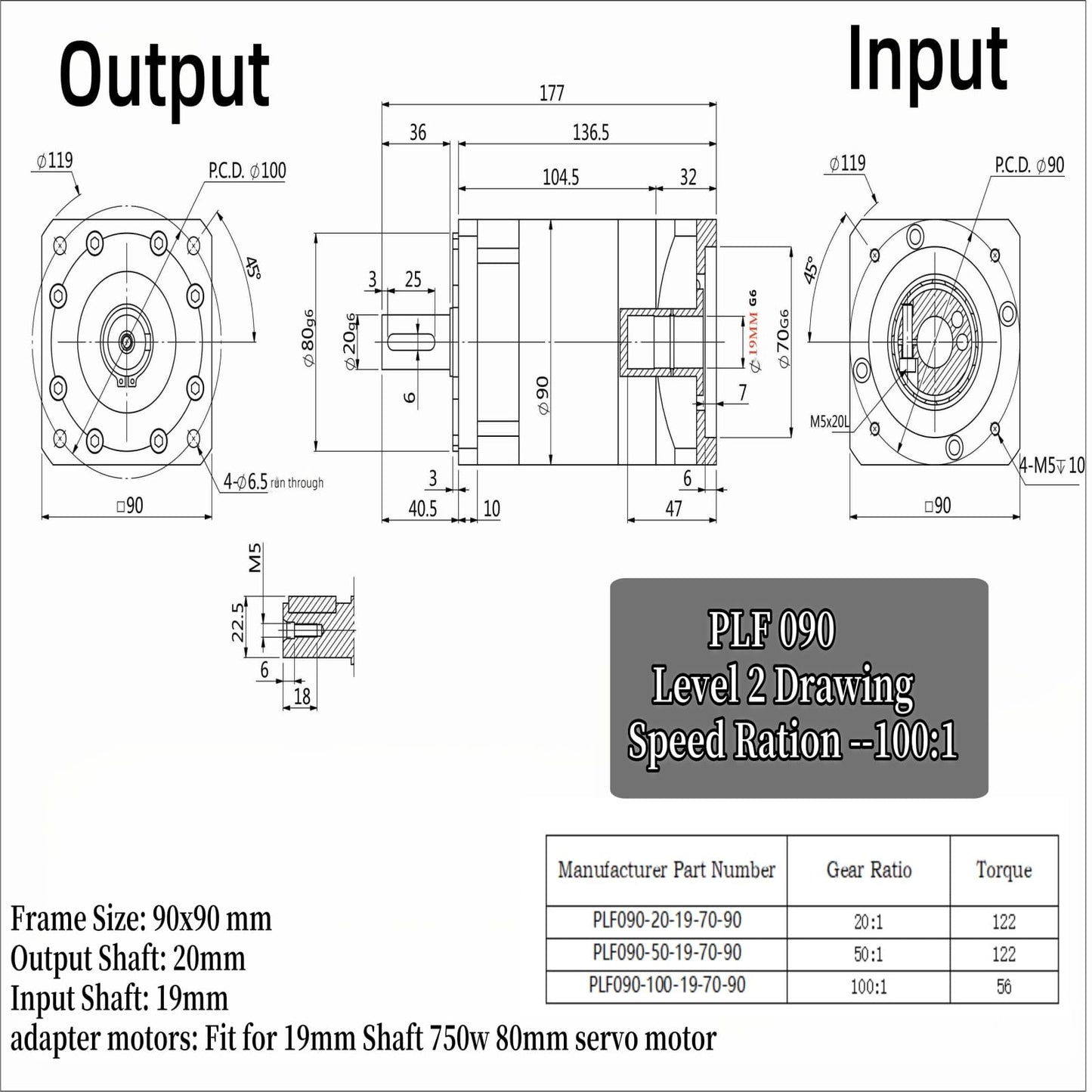 Planetary Gearbox Speed Reducer Gear Head Ratio 100 :1 Backlash <12 arc-min for 19mm Input Shaft 750w 80mm Servo Motor, Planetary Reducers 3500RPM Gear Box Reducer for CNC Lathe Machine Reducer