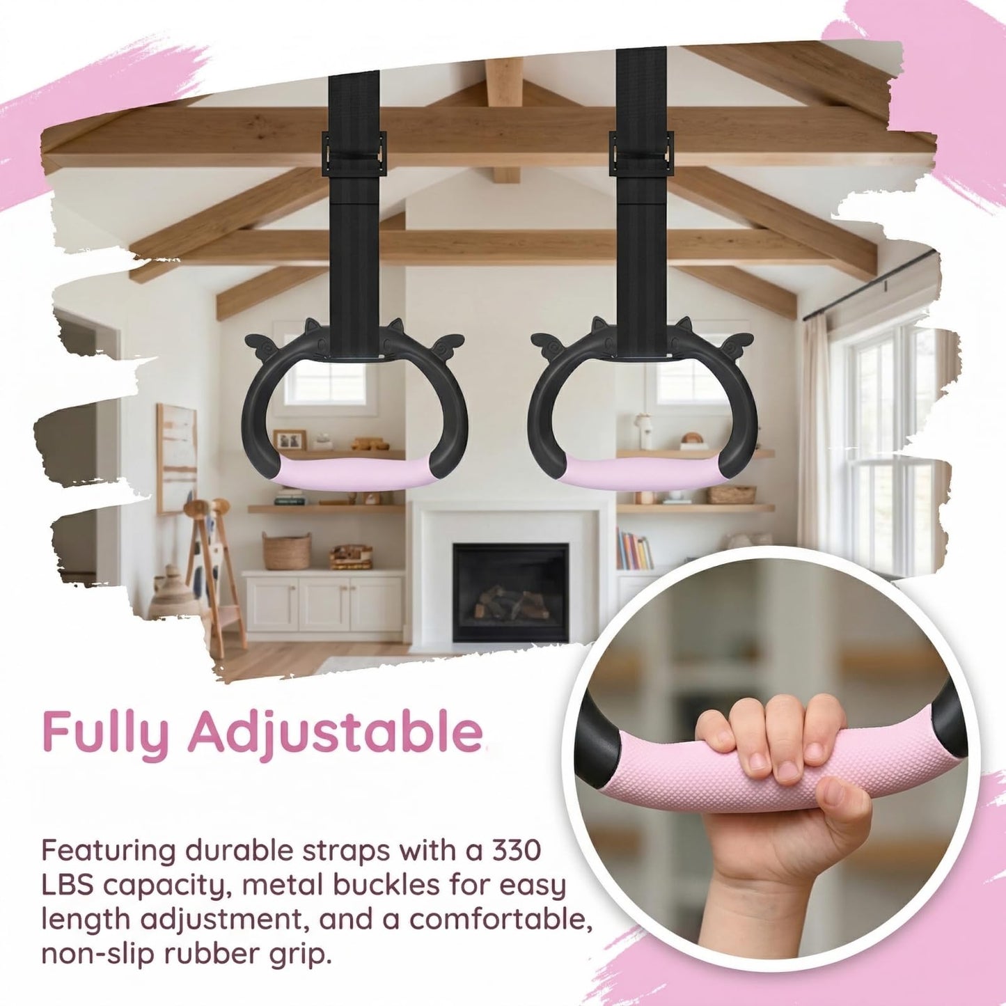 GDLPZM Gymnastics Rings, Home Gym Equipment, Adjustable Strap Strength Training Rings, Pulling Rings for Physical Training (Black Pink)