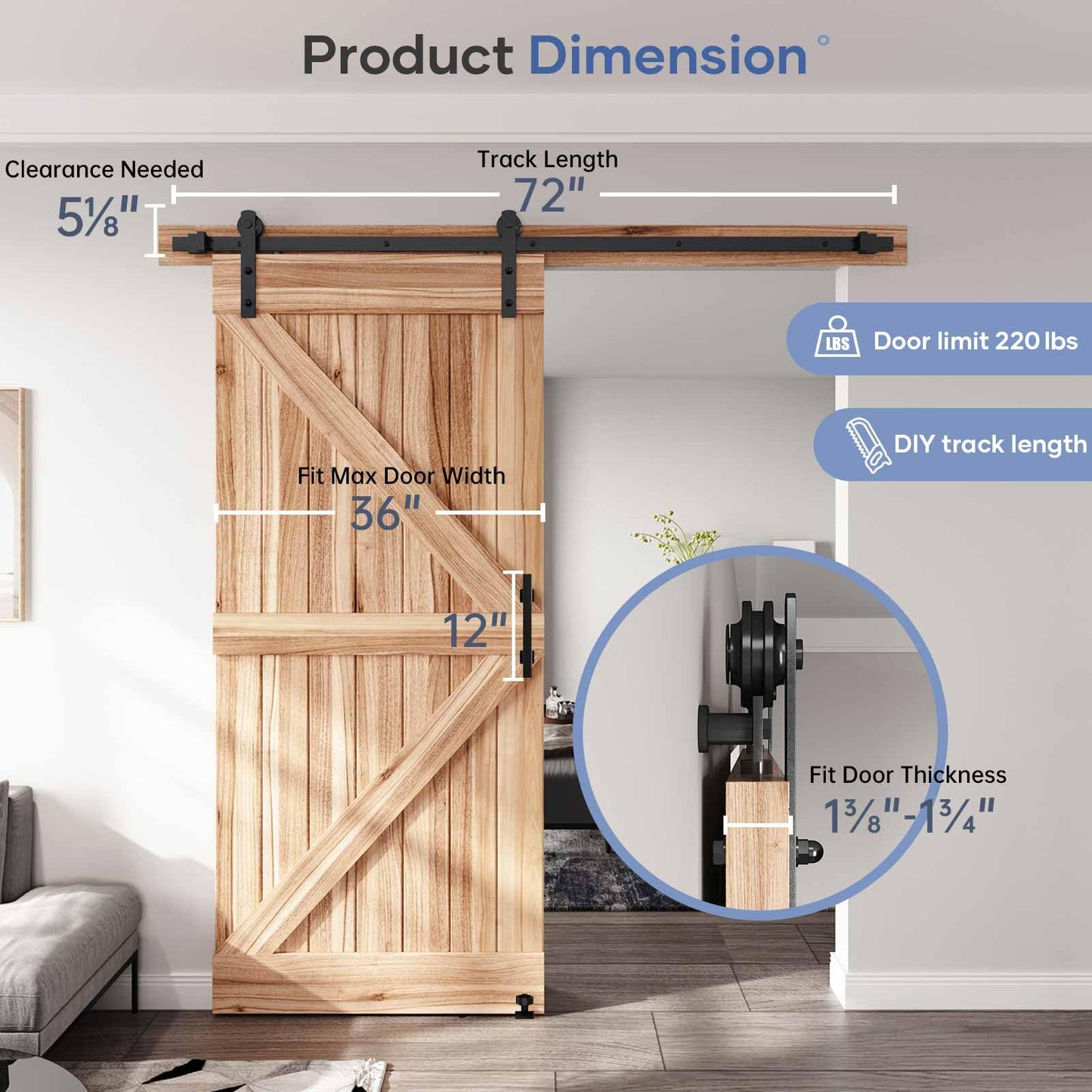 EaseLife 6 FT Sliding Barn Door Track and Handle Hardware Kit, Straight Pulley,Slide Smoothly Quietly,Easy Install (6FT Track Kit for 30"~36" Wide Single Door)