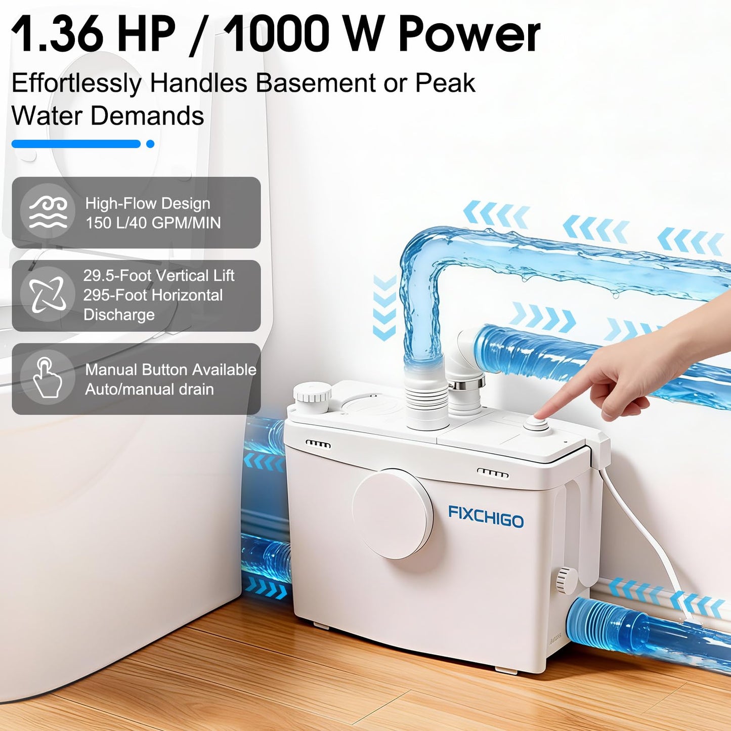 FIXCHIGO 1000W Macerator Pump, Macerating Toilet System with 4 Inlets/2 Outlets, 40 GPM Flow, 29.5 FT Head, PCB Smart Control Sewage Pump for Basement, Sink, Toilet, Laundry, Kitchen
