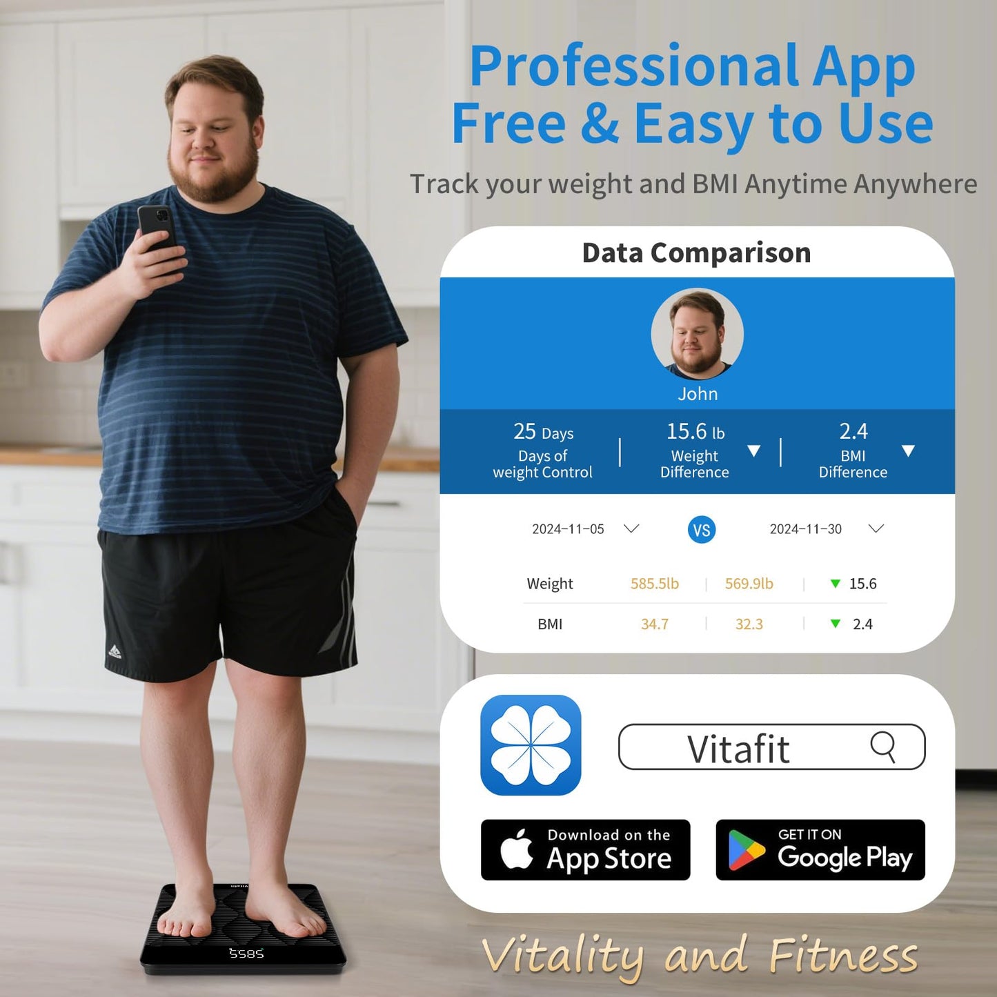 Vitafit 660lb Scale for Body Weight, Accuracy 0.1lb by Our Professional Scale Factory Since 2001, Smart Digital Weight Scale BMI via APP, 8mm Non-Slip Tempered Glass 12.4" x 12.4", LED, 3xAAA, Black