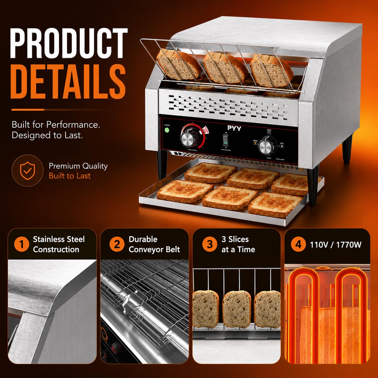 PYY Commercial Conveyor Toaster 450pcs/h - Commercial Toaster for Toast, Bun, Bagel, Bread, Heavy Duty Stainless Steel Toaster Oven for Restaurant, Bakery, Buffet Use