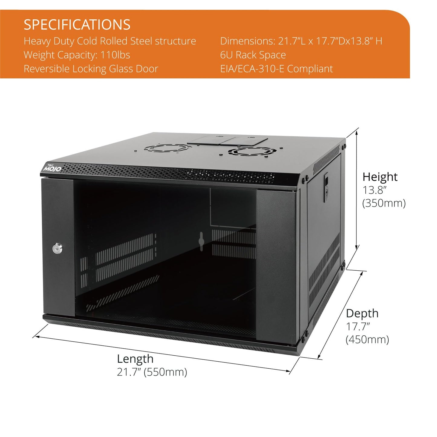 Tecmojo 6U Wall Mount Server Cabinet IT Network Rack Enclosure Lockable Door and Side Panels Black, Cooling Fan, Standard Glass Door, 450mm Depth, for 19” IT Equipment, A/V Devices