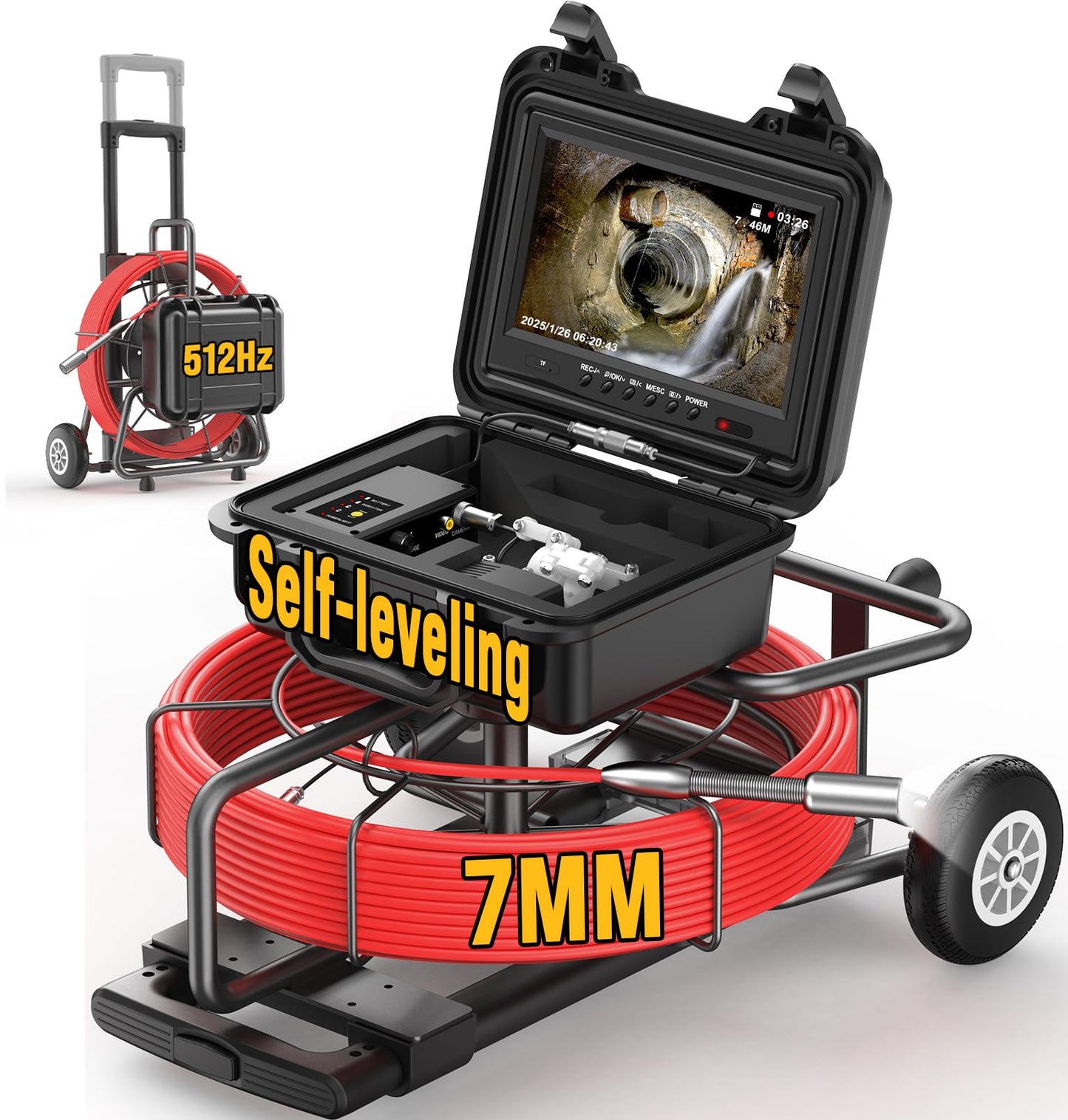 Sewer Camera 230ft, Drain Camera with Self-Leveling, Distance Counter, 512Hz Sonde, 9" HD Plumbing Cameras with 12 LED Lights, IP68 & 32GB DVR, Industrial Endoscope for Duct Sewer Line Pipe Inspection