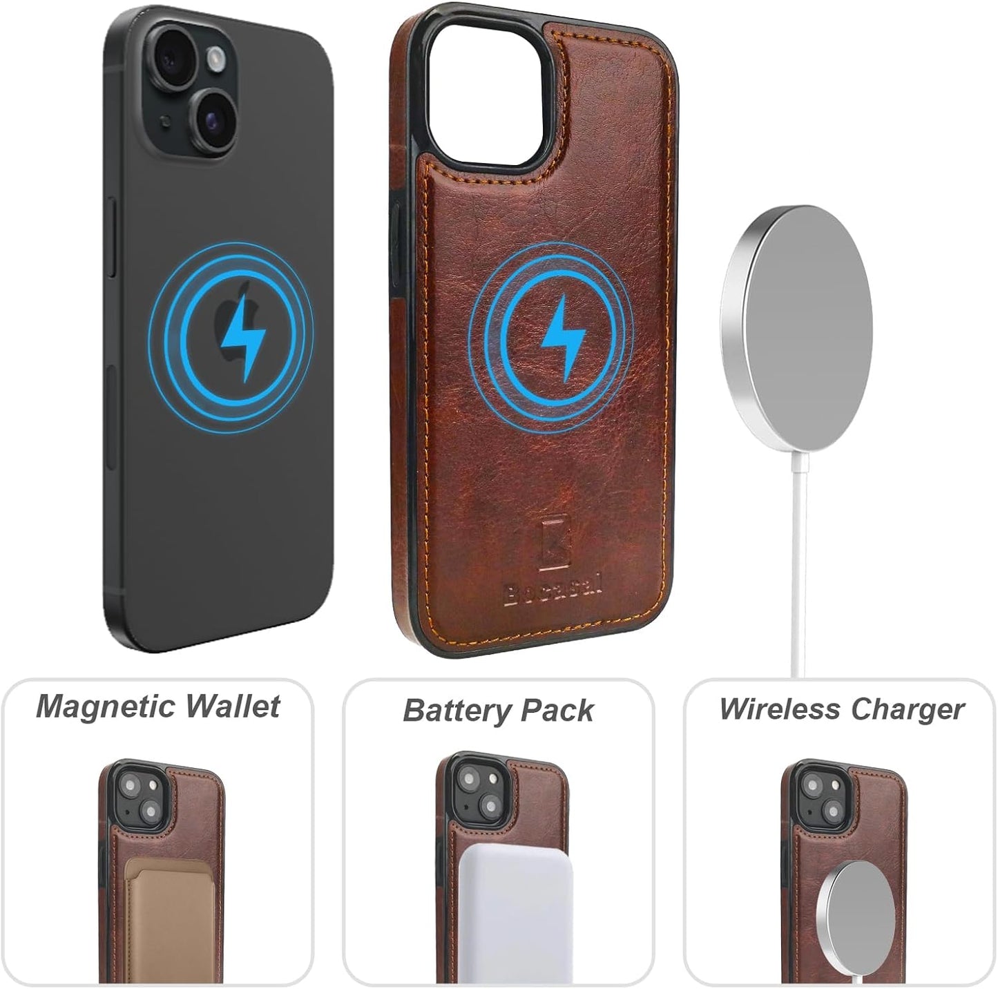 Bocasal 15 6.1 Inch for iPhone Wallet Case Compatible with MagSafe Wireless Charging, RFID Blocking Magnetic Leather