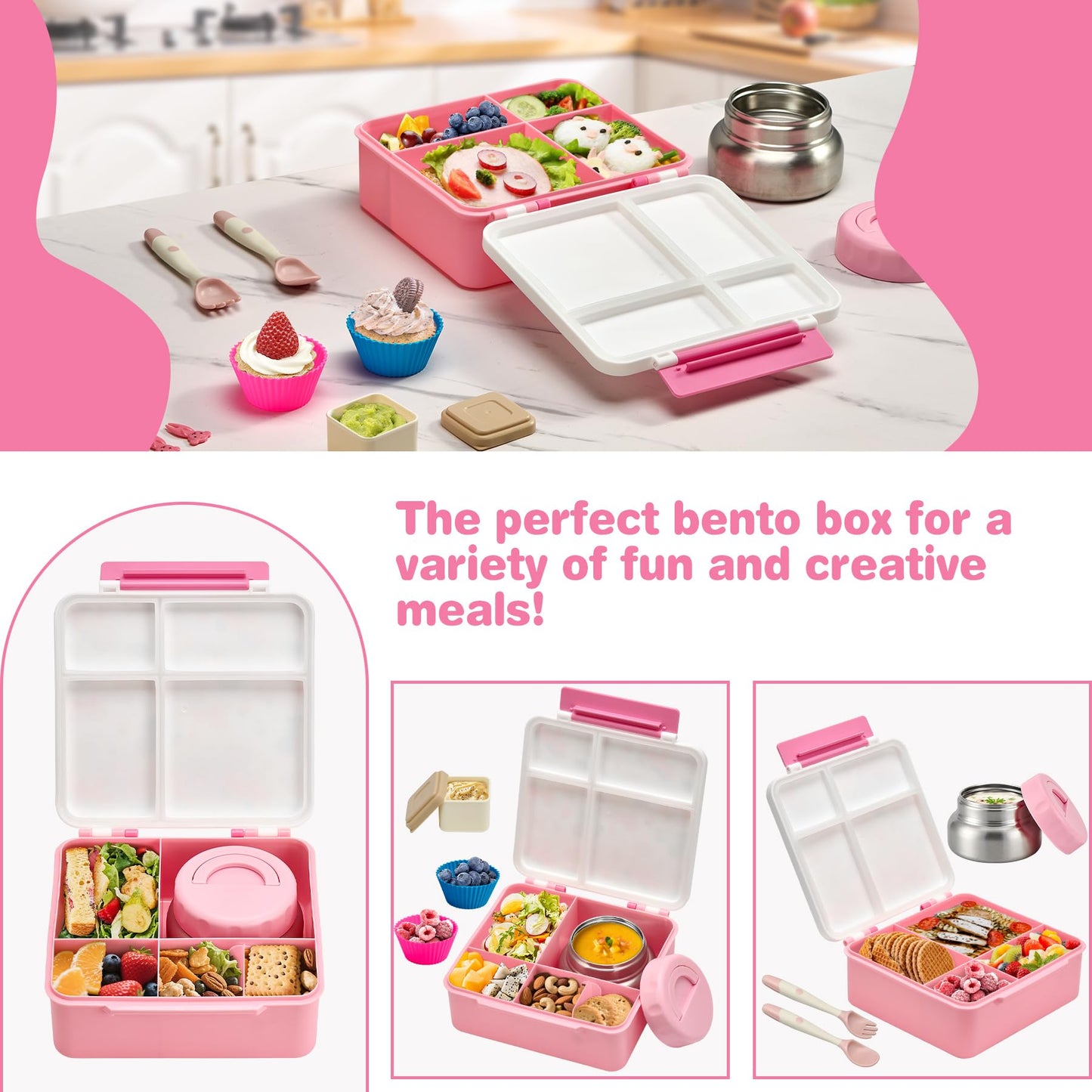 Bento Lunch Box with 9.5 oz Soup Thermo, Kids Leakproof 4 Compartments Bento Box with Silicone Cupcake,Fruit Fork,Spoon and Sauce Cup,Insulated Food Jar for School Travel-Rainbow Horse