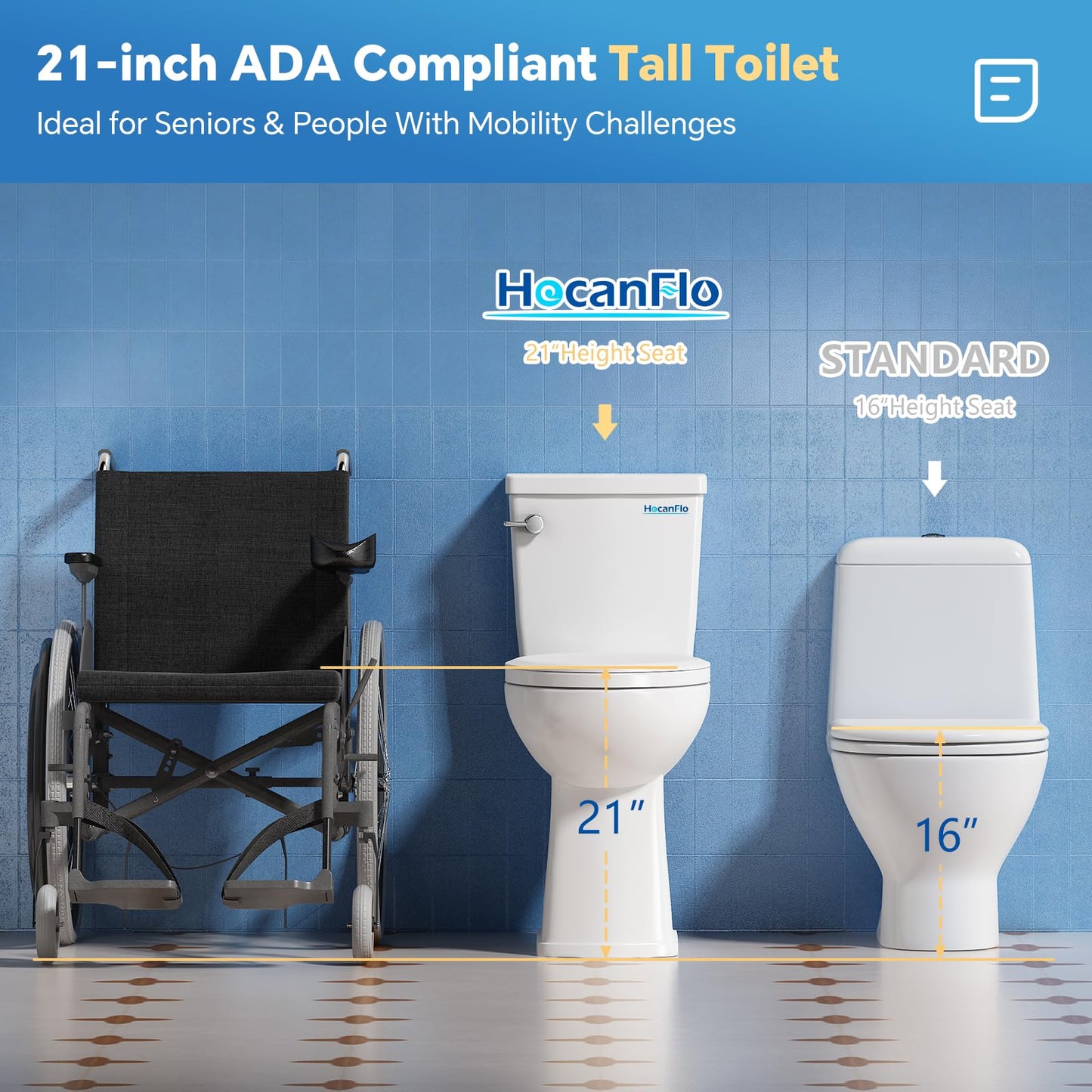 Upflush Macerating Toilet System – 21" ADA Compliant Tall Toilet with Macerator Pump Durable Copper Grinder with 4 Inlets for Basement Kitchen, Shower, Sink & Laundry, Extension Pipe Included