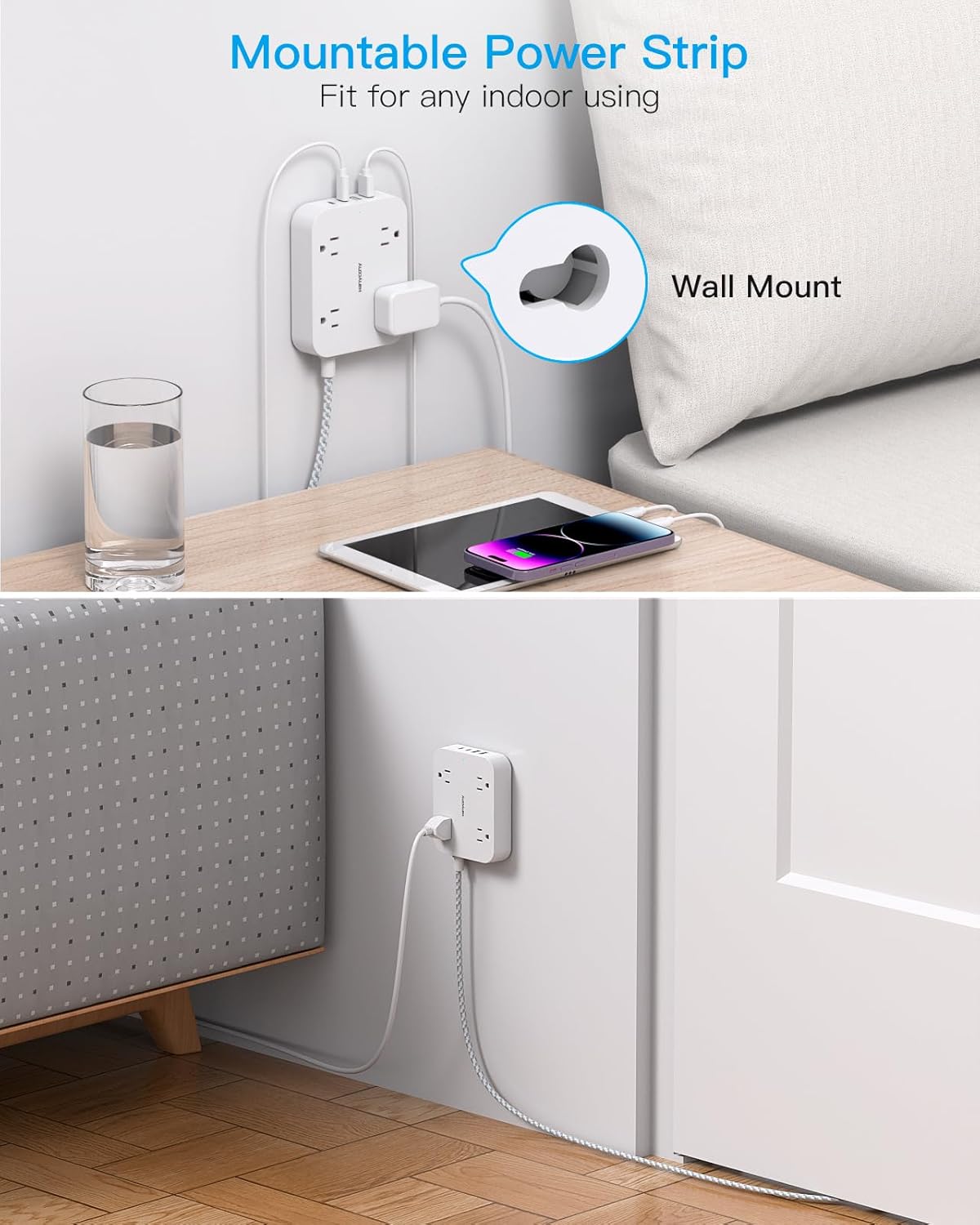 HANYCONY 5ft 4 Ports(2 4 Flat Plug Extension Cord, Power Strip with USB USB C), Widely Outlets Extender, Wall Mount