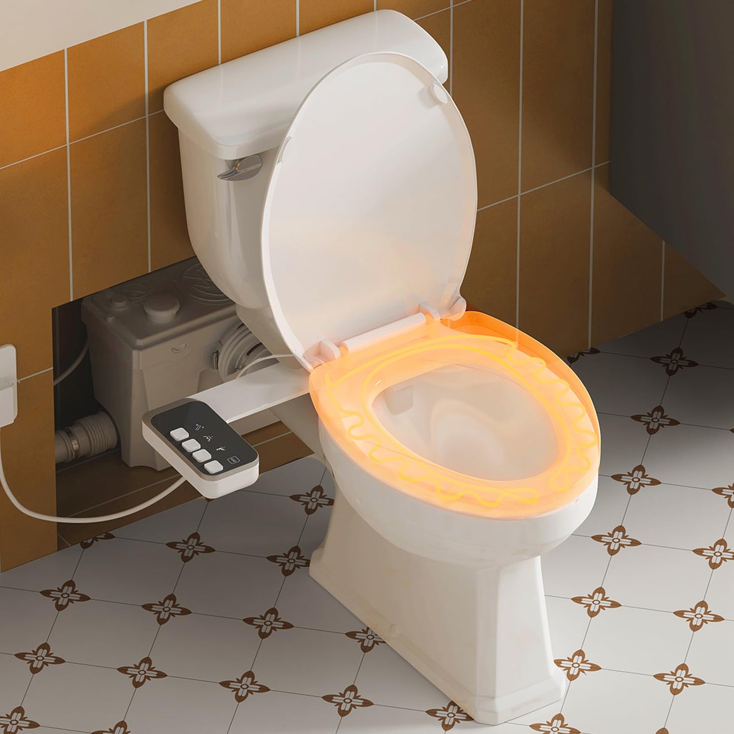 36ft Macerating Toilet System, Heated Seat/Bidet Attachment Inclued, Upflush Toilet with Sewage Grinder Pump for Basement, Quiet Copper Motor, Two-Piece 17.7" Tall Toilet, Less Consumption