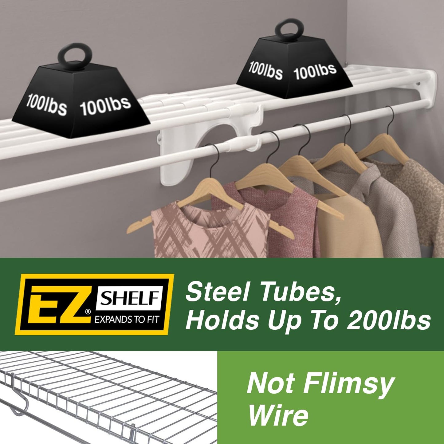 EZ SHELF - Closet Shelf with Hanging Rod - 29" to 49” Expandable, White, Closet Shelves - Strong, Holds 200 lbs - Easy Install - 1 Side Wall & Backwall with 1 End Bracket, Alternative to Wire Shelving